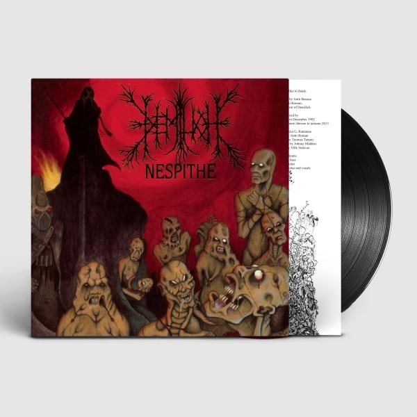 Albumcover mit rotem Hintergrund und Illustrationen von Monstern und einer schwarzen Schallplatte.