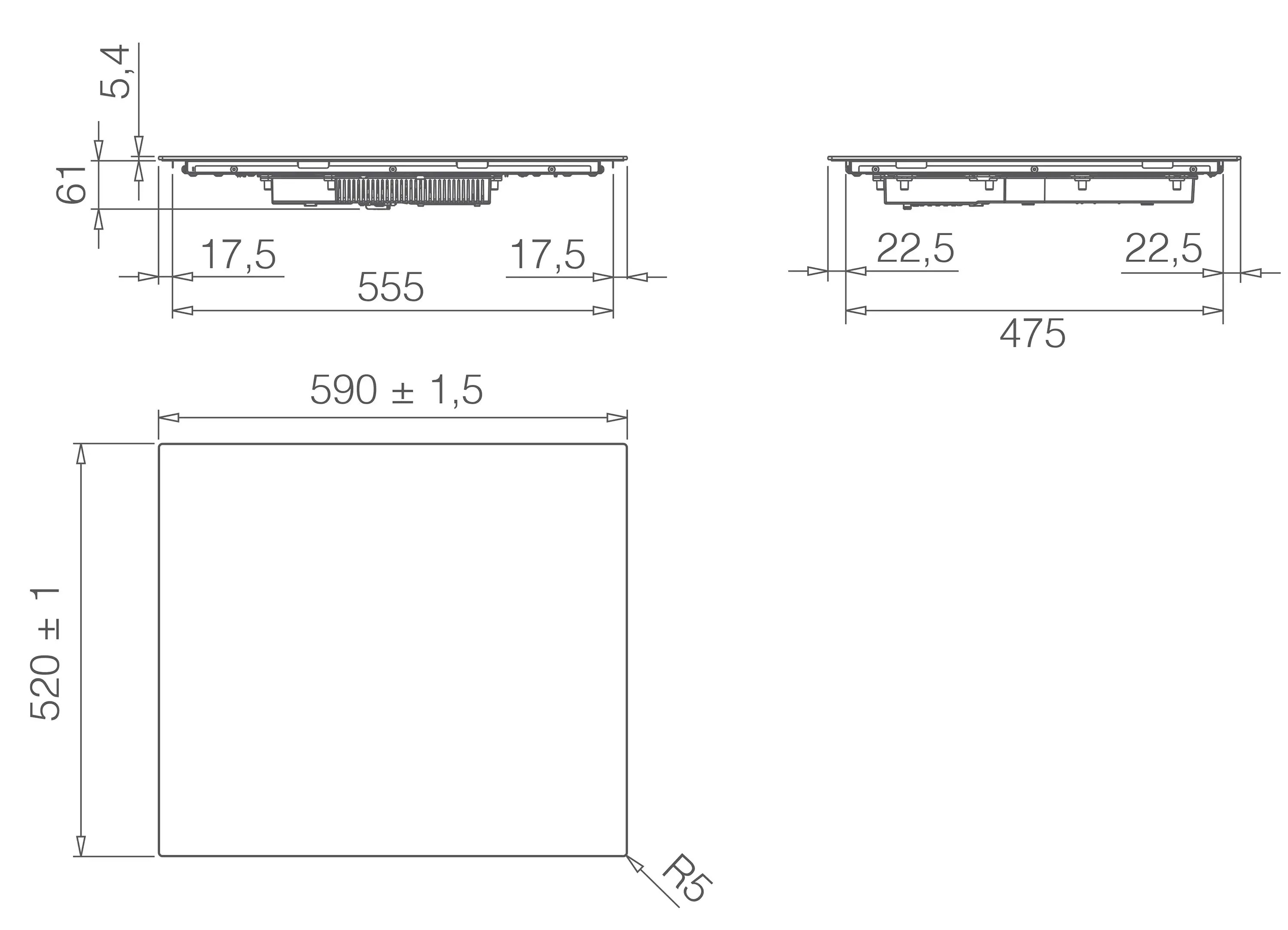 Rysunek techniczny płyty indukcyjnej, pokazujący wymiary i szczegóły.