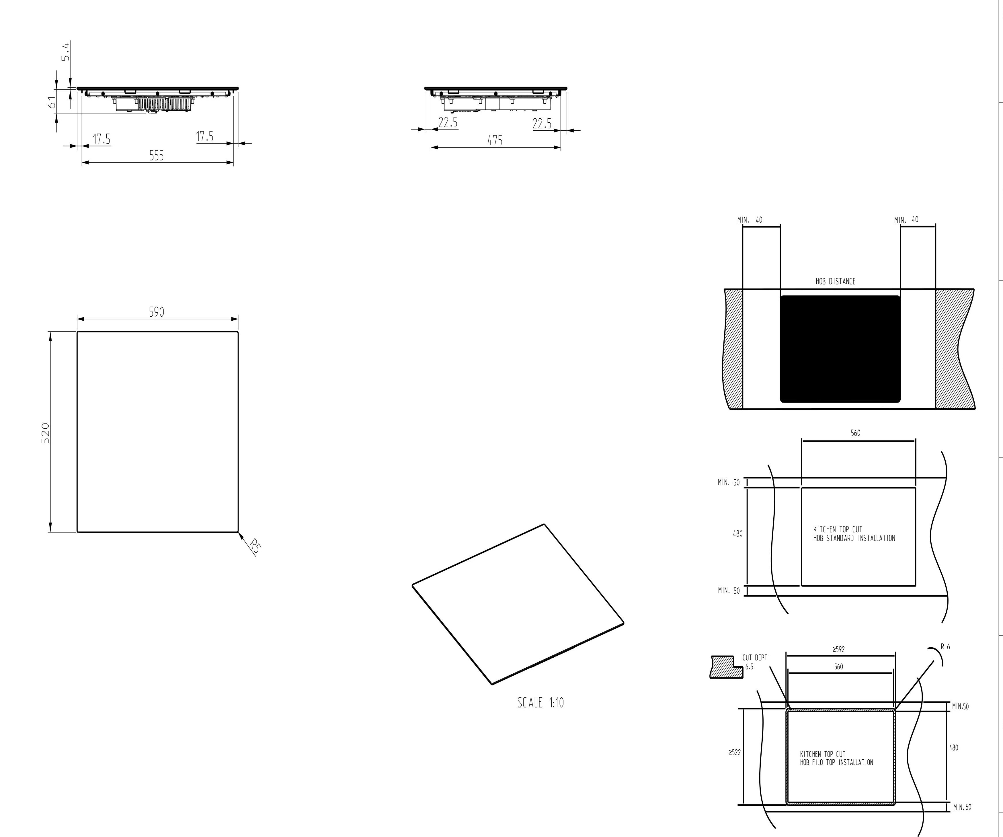 Rysunek techniczny płyty grzejnej z wymiarami i głębokością cięcia.