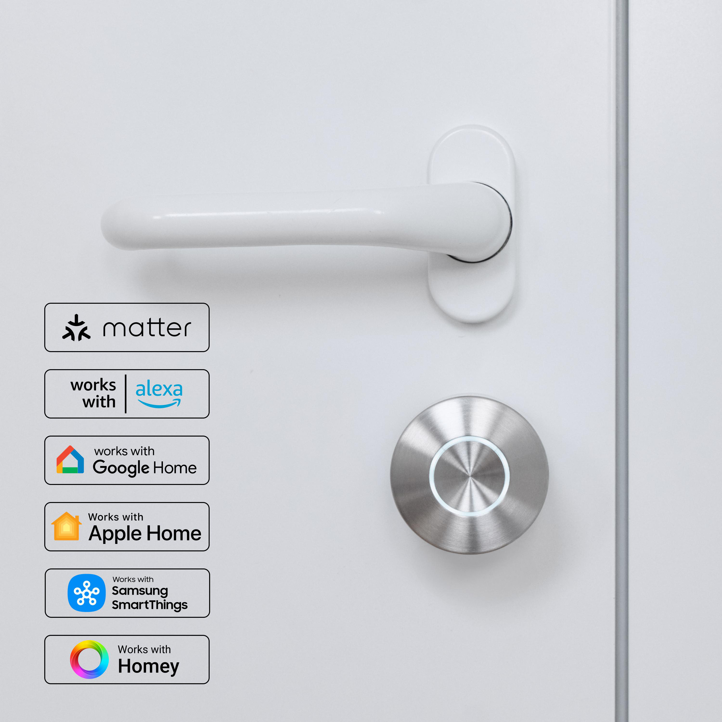 Weiße Tür mit weißem Griff und Smart Lock. Kompatibel mit Matter, Alexa, Google Home, Apple Home, usw.