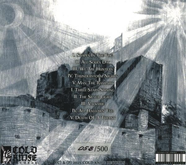 Die Rückseite eines Albums mit einer Zeichnung eines Schlosses, Text mit Titeln und dem Logo des Labels.