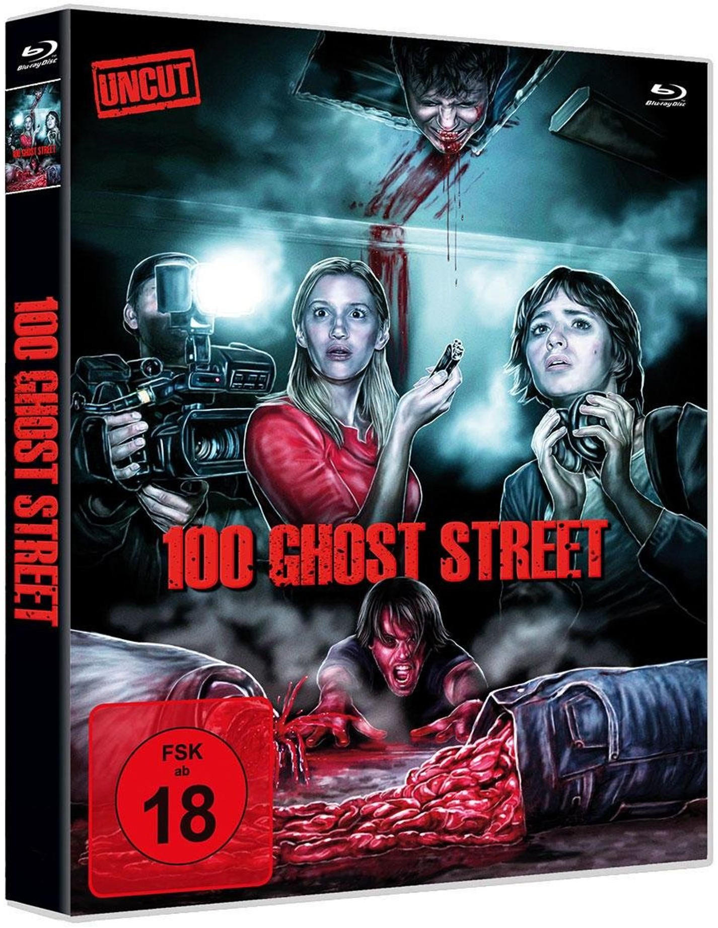 Filmcover für '100 Ghost Street' mit ängstlich aussehenden Schauspielern. Ein Zombie bricht aus einer Tasche.