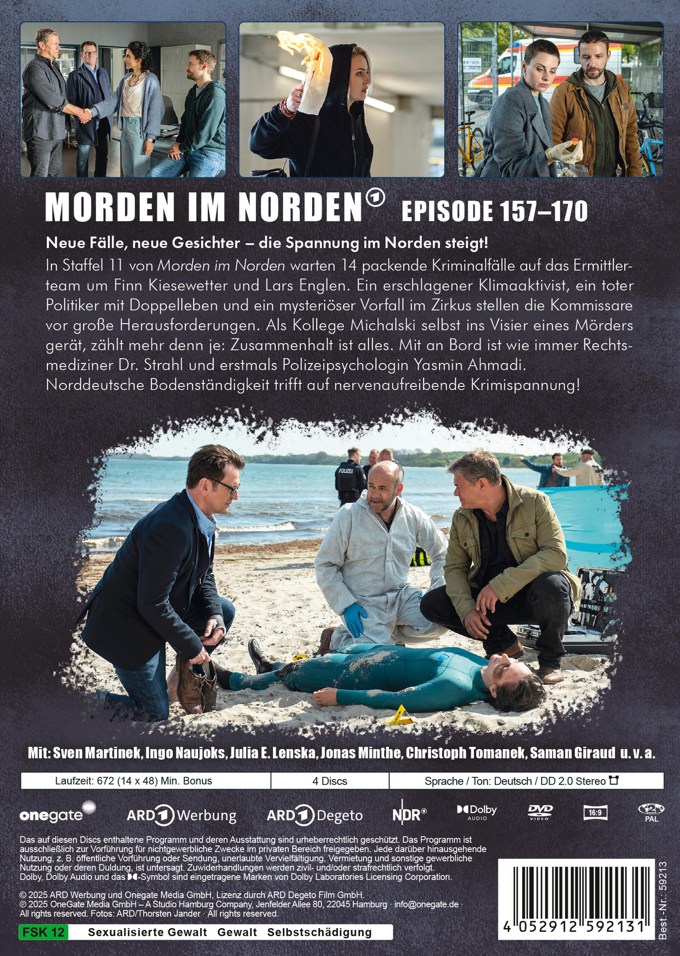 Rückseite einer 'Morden im Norden'-DVD-Hülle mit Personen. Eine Leiche liegt am Strand. Text ist vorhanden.