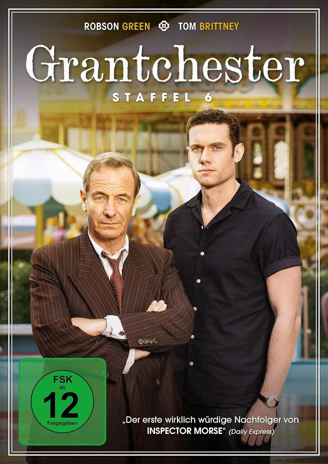 Filmcover mit zwei Männern. Der Titel lautet 'Grantchester Staffel 6' mit grünem Kreis.