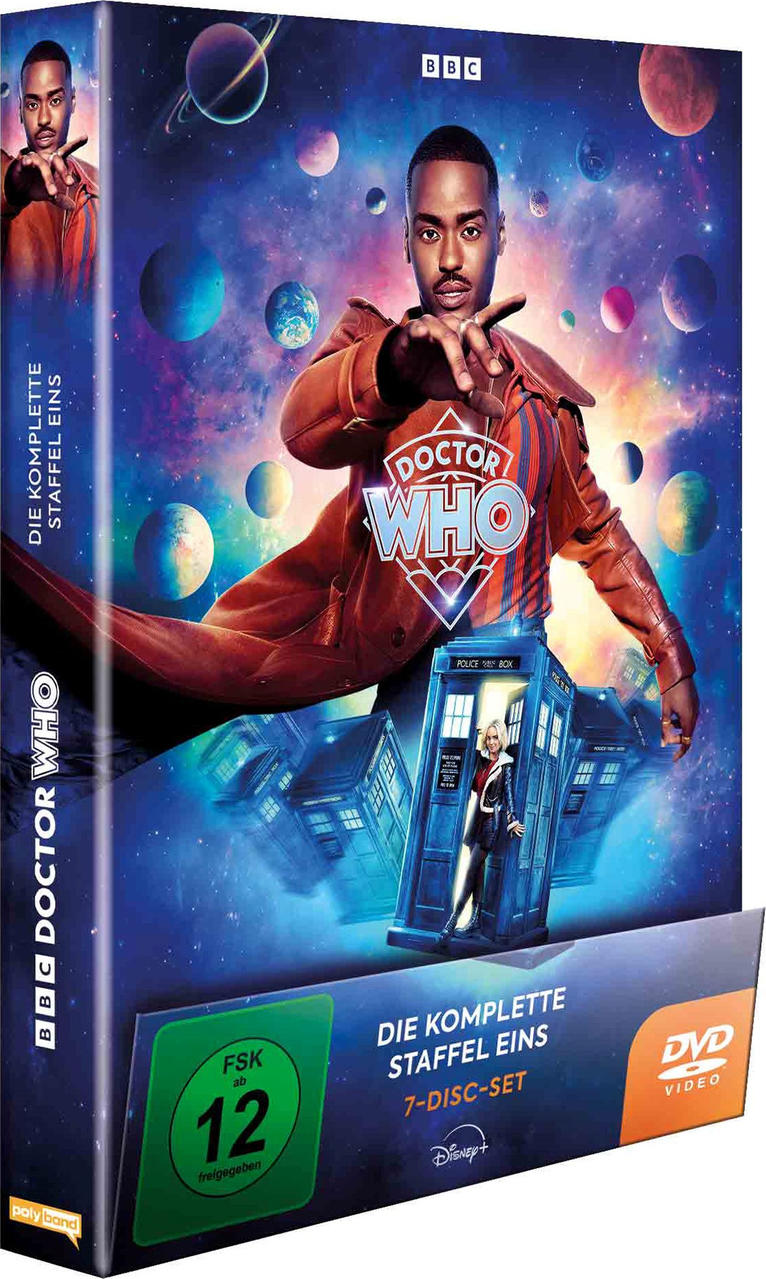 DVD-Box-Set von Doctor Who. Zeigt Doctor Who in einem roten Mantel und die TARDIS.
