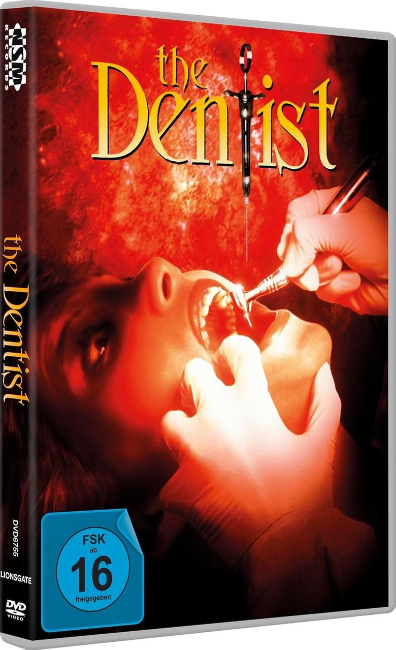 DVD-Cover mit Frau im Zahnarztstuhl, vom Zahnarzt untersucht.