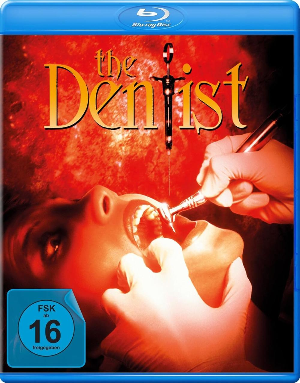 Ein Zahnarztbohrer in einem geöffneten Mund, mit dem Titel 'The Dentist'.