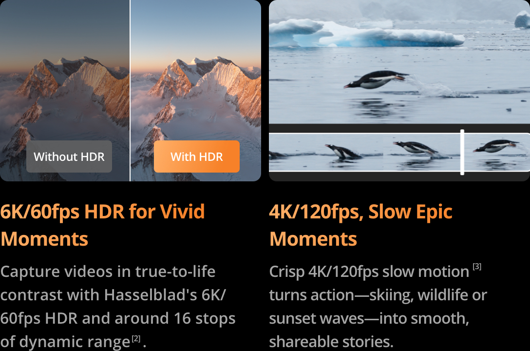 Kép HDR összehasonlítást, pingvinekkel készült videót és funkciókat leíró szöveget mutat.