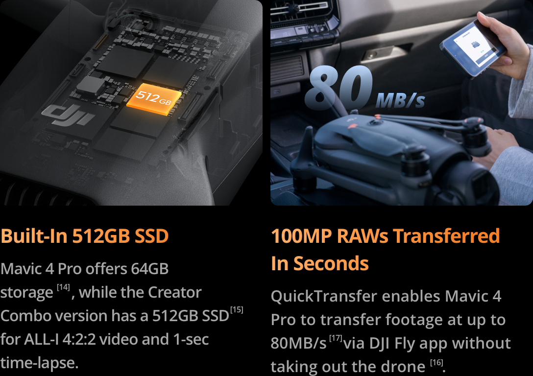 Kép a készülék alkatrészeit mutatja. Szöveg: Beépített 512 GB-os SSD, 100 MP-es RAW-ok másodpercek alatt átvihetők.