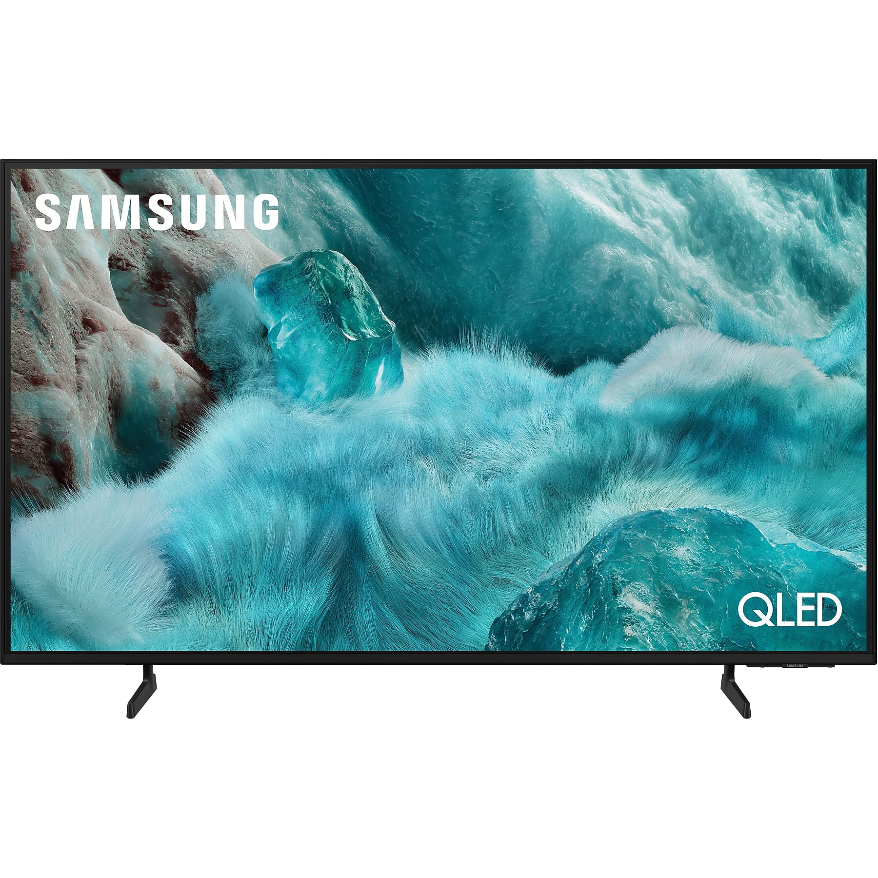 Telewizor Samsung QLED. Ekran wyświetla niebiesko-białą sztukę abstrakcyjną z lodowatymi kształtami. Telewizor ma czarny stojak.