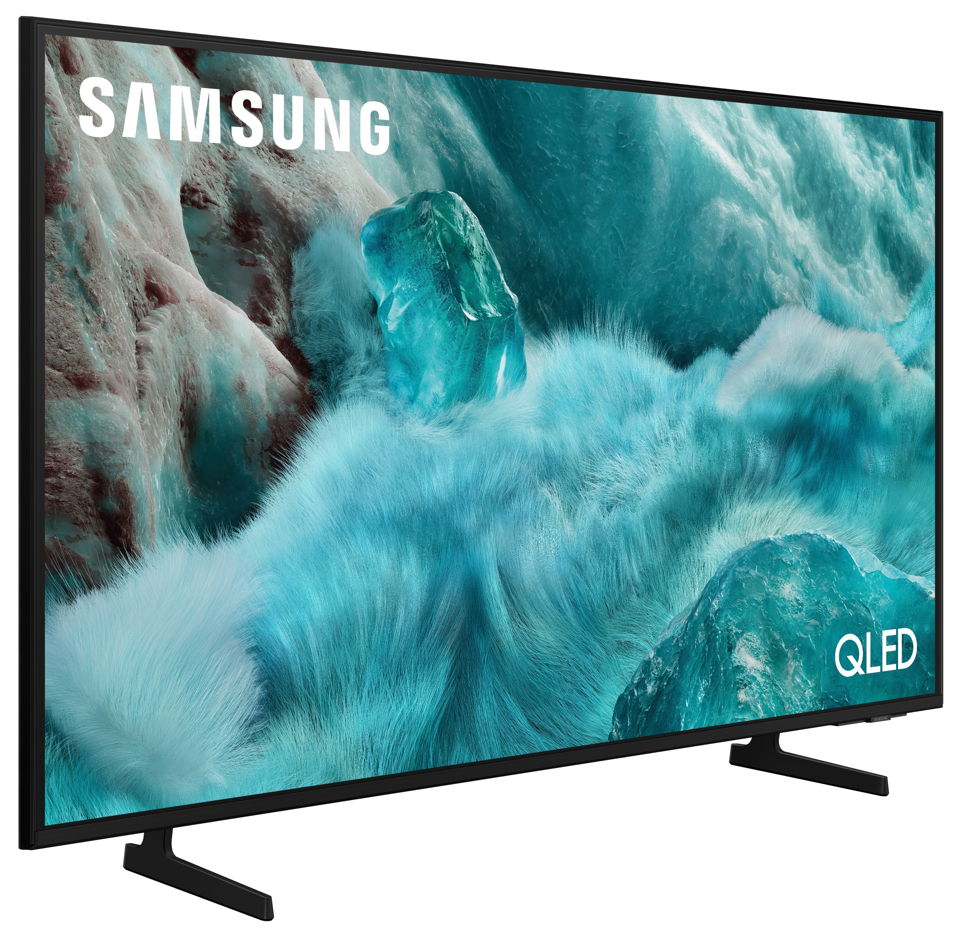 Telewizor Samsung QLED z ekranem pokazującym niebiesko-biały abstrakcyjny obraz.