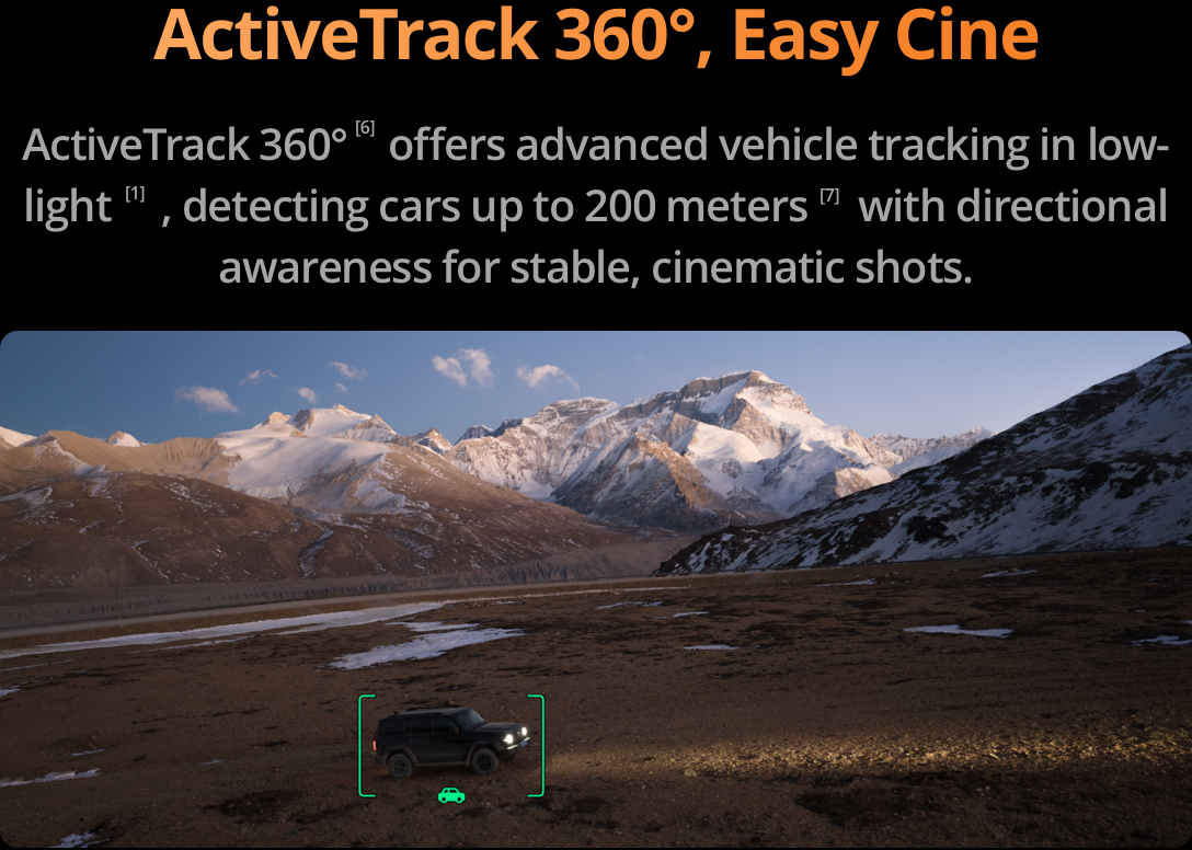 Kép, amely egy hegyi terepen autózó autót mutat. Szöveg: ActiveTrack 360°, Easy Cine.