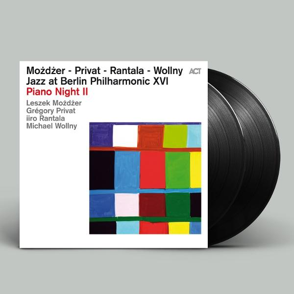 Albumcover mit schwarzer Schallplatte. Text: Możdżer, Privat, Rantala, Wollny. Bunte abstrakte Kunst.
