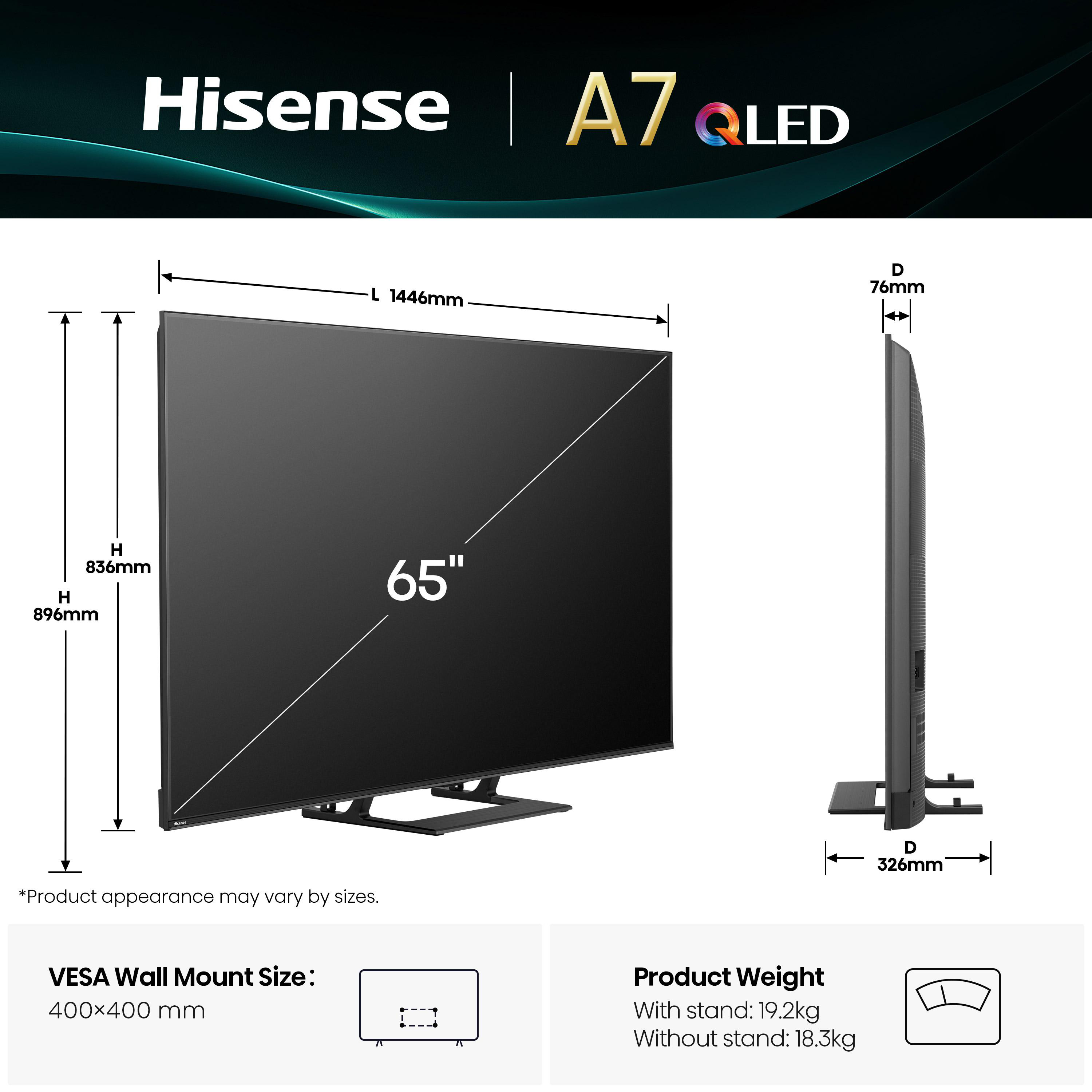Ein Hisense A7 QLED 65" Fernseher mit Abmessungen und Gewichtsangaben. In Vorder- und Seitenansicht mit Maßen dargestellt.