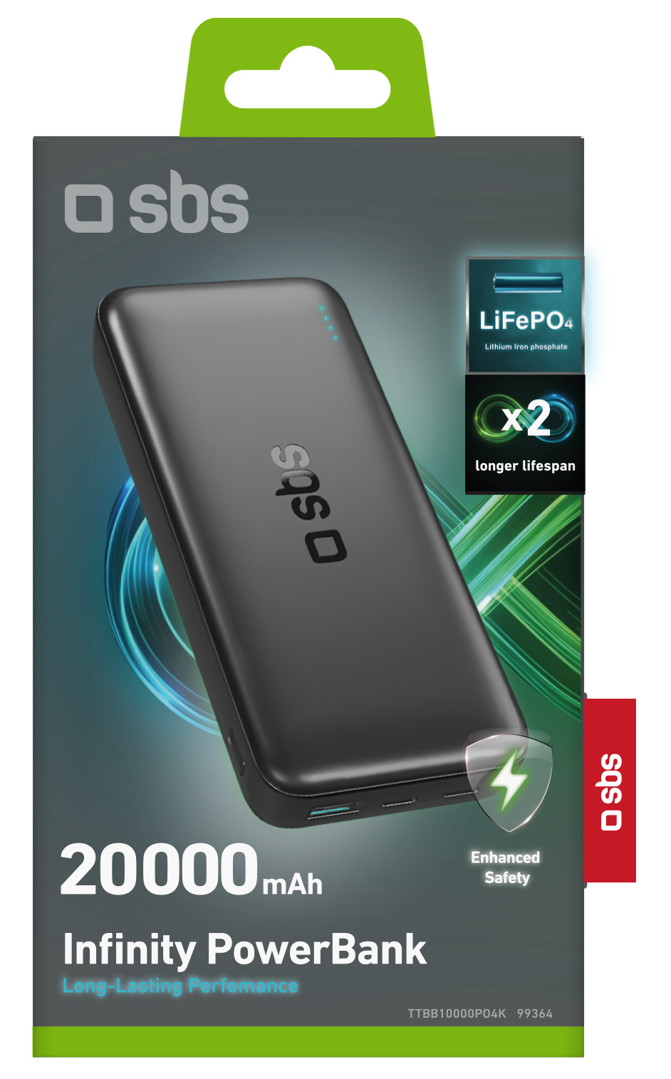 Czarny power bank w opakowaniu, pokazujący cechy i specyfikacje, z logo 'sbs'.