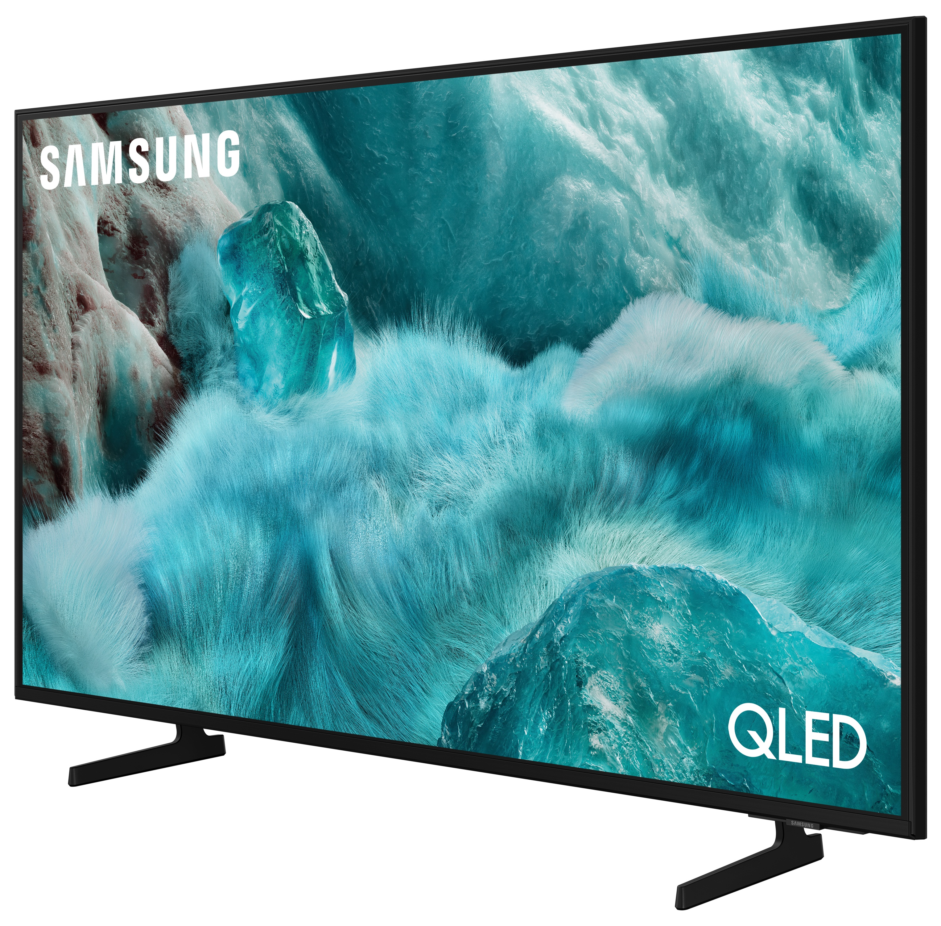Telewizor Samsung QLED w widoku pod kątem. Wyświetla niebieski, teksturowany wzór abstrakcyjny.