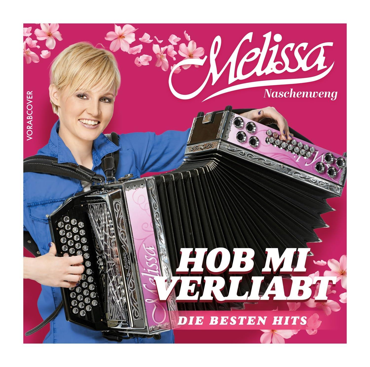 Blonde Frau mit Akkordeon, lächelnd. Pinker Hintergrund mit Blumen, Text auf Deutsch.