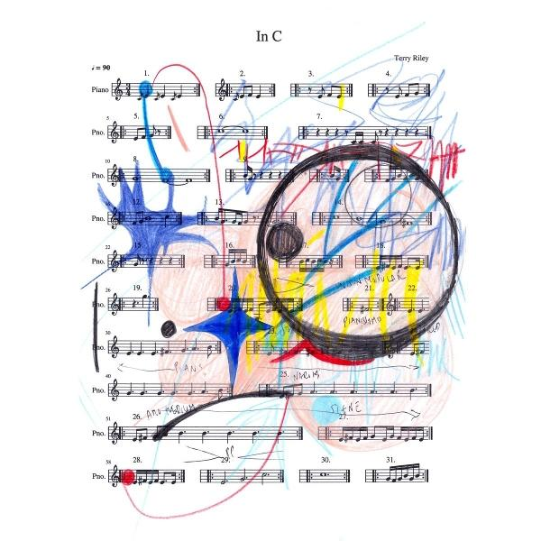 Musikblatt mit farbigen Kritzeleien und Noten, mit Kreis und Sternen.