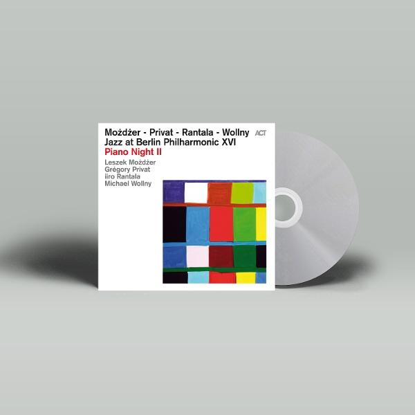 Eine CD-Hülle mit einem farbenfrohen abstrakten Design und dem Titel 'Piano Night II'.