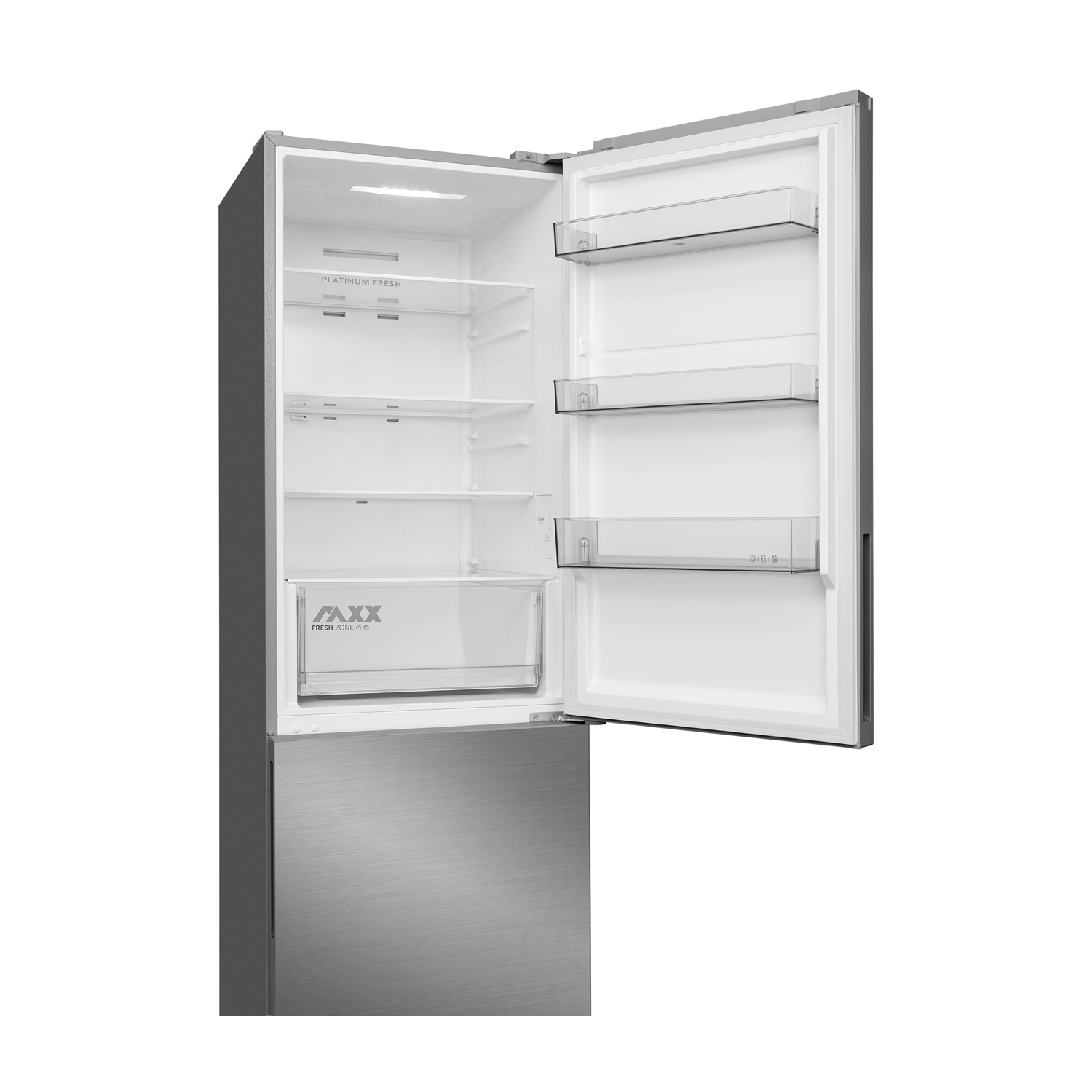 Interno di un frigorifero aperto, che mostra ripiani, cassetti e il logo Platinum Fresh.