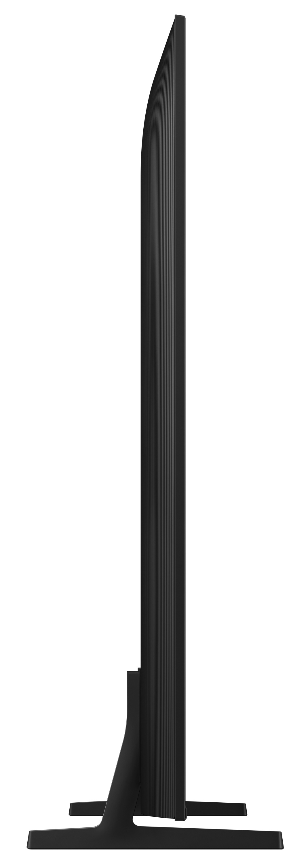 Czarny telewizor, widok z boku, smukły profil, na białym tle.