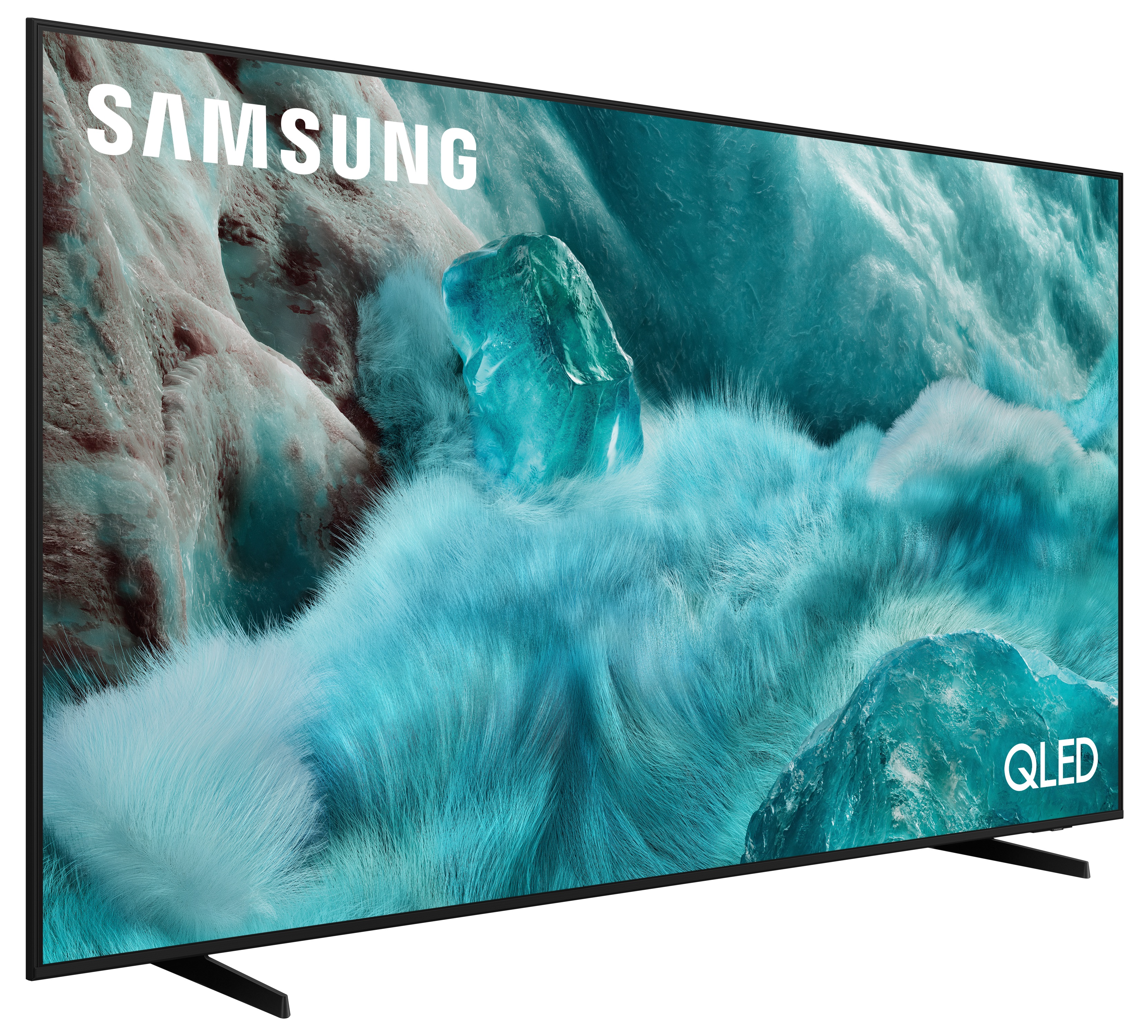 Telewizor Samsung QLED. Ekran wyświetla turkusowy, abstrakcyjny wzór. Czarna ramka i podstawa. Logo Samsung u góry.