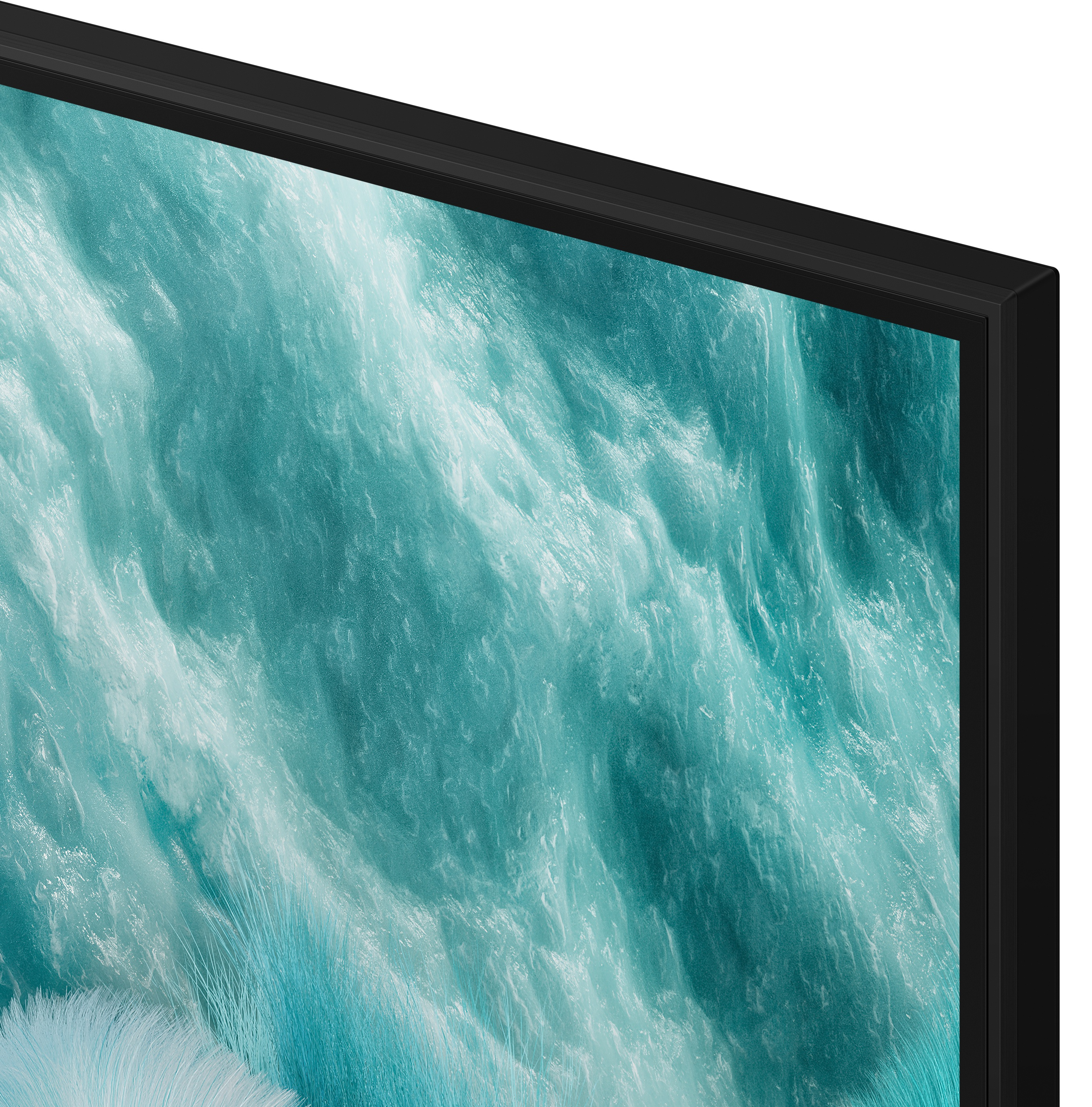 Widok z przodu telewizora z czarną ramką, niebieską wodą.