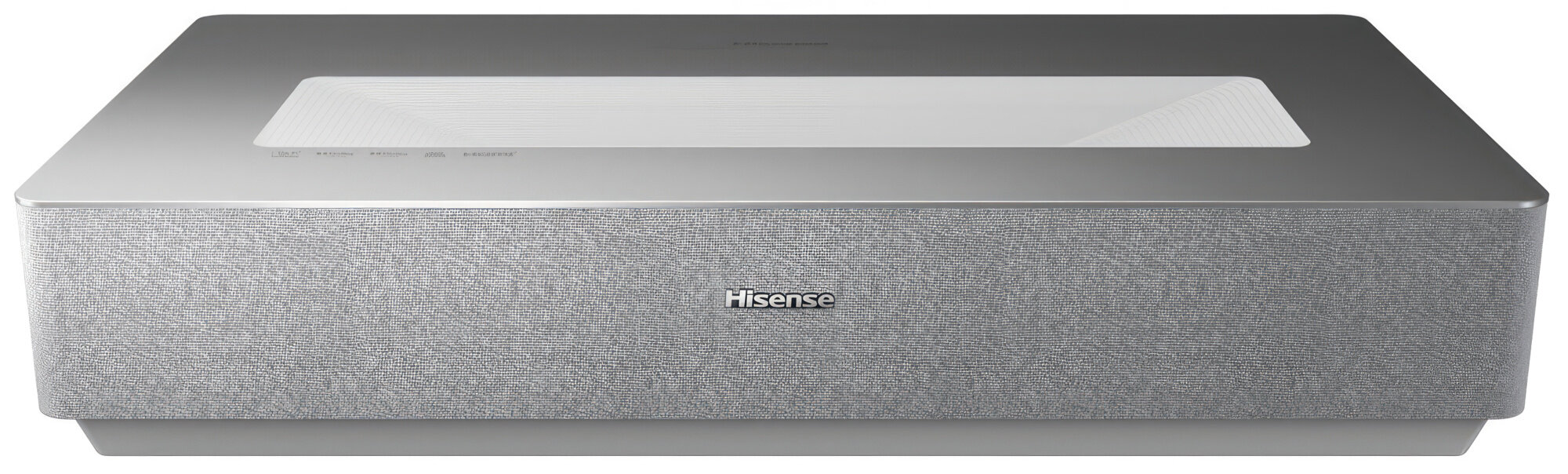 Srebrny projektor Hisense z materiałowym przodem i białym wierzchem, widok z góry.