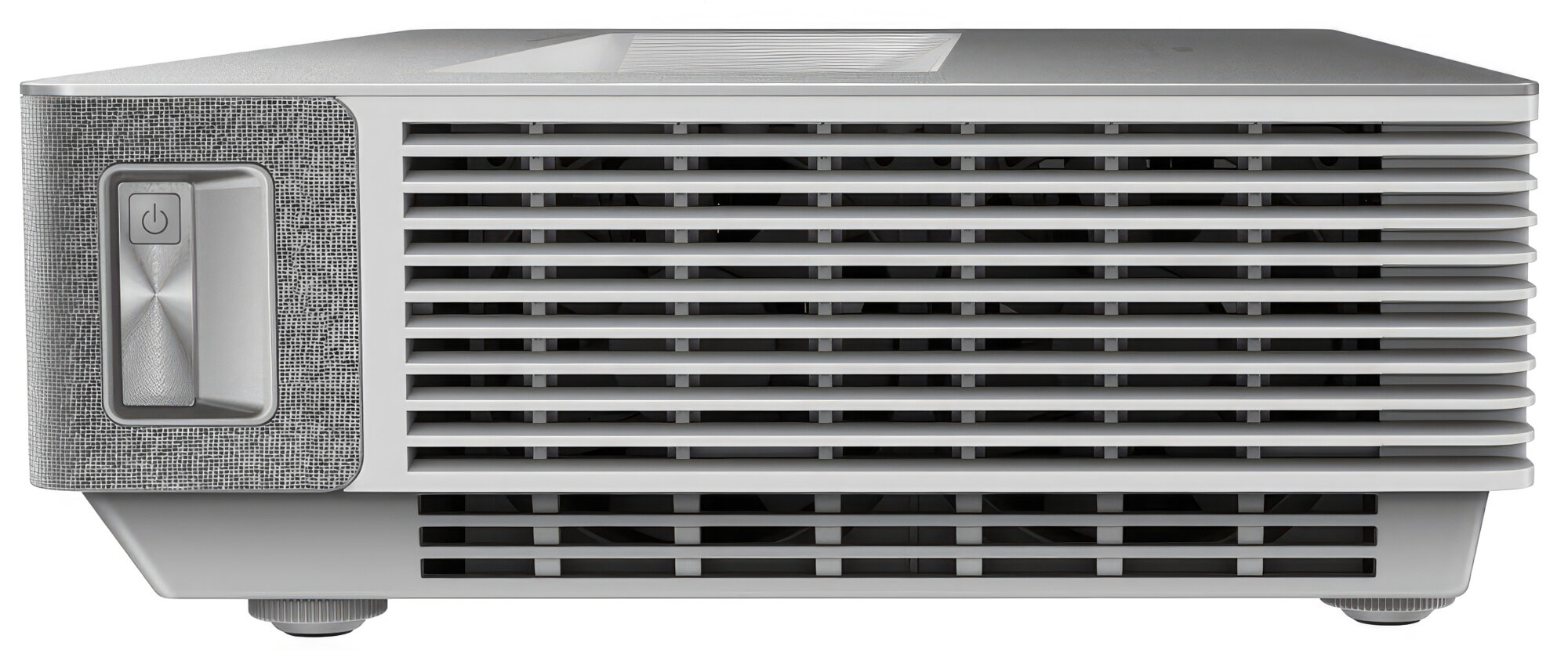 Srebrny projektor Hisense, widok z boku, przycisk zasilania i biała wentylacja.