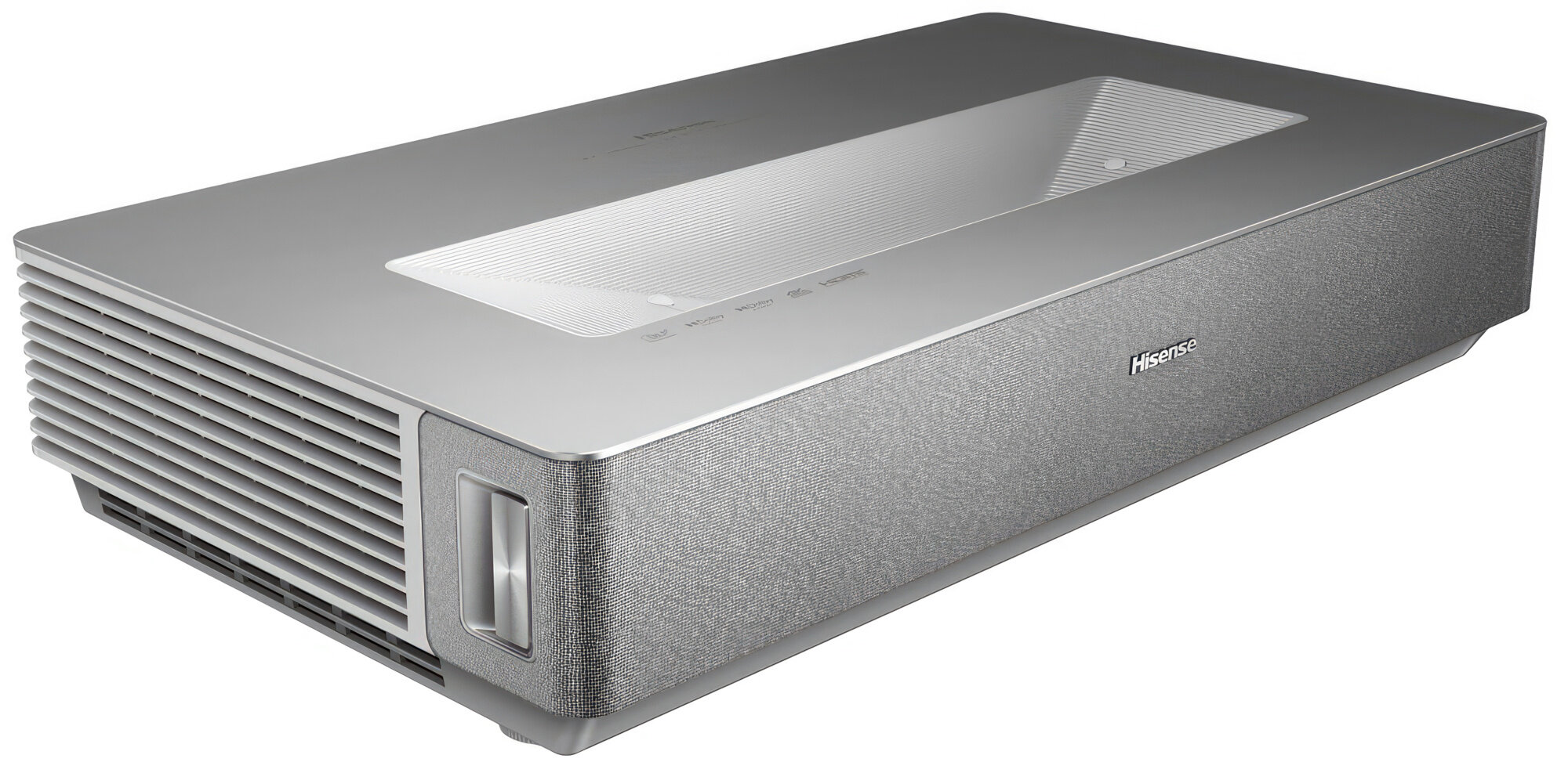 Srebrny projektor z jasnoszarym panelem bocznym z tkaniny i logo Hisense.