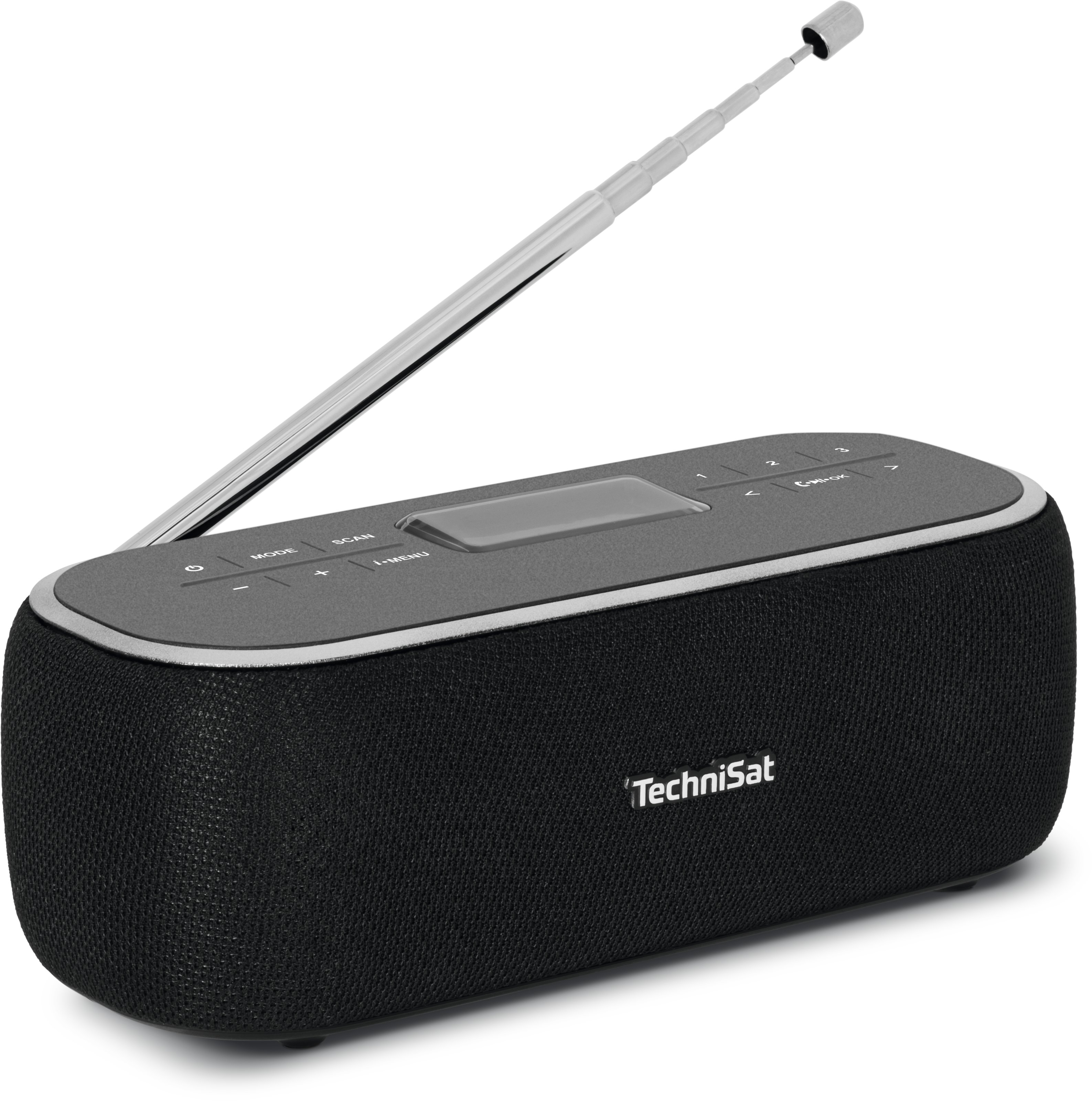 Schwarzes Technisat-Radio mit Mesh-Front, Bedienelemente oben, Antenne.