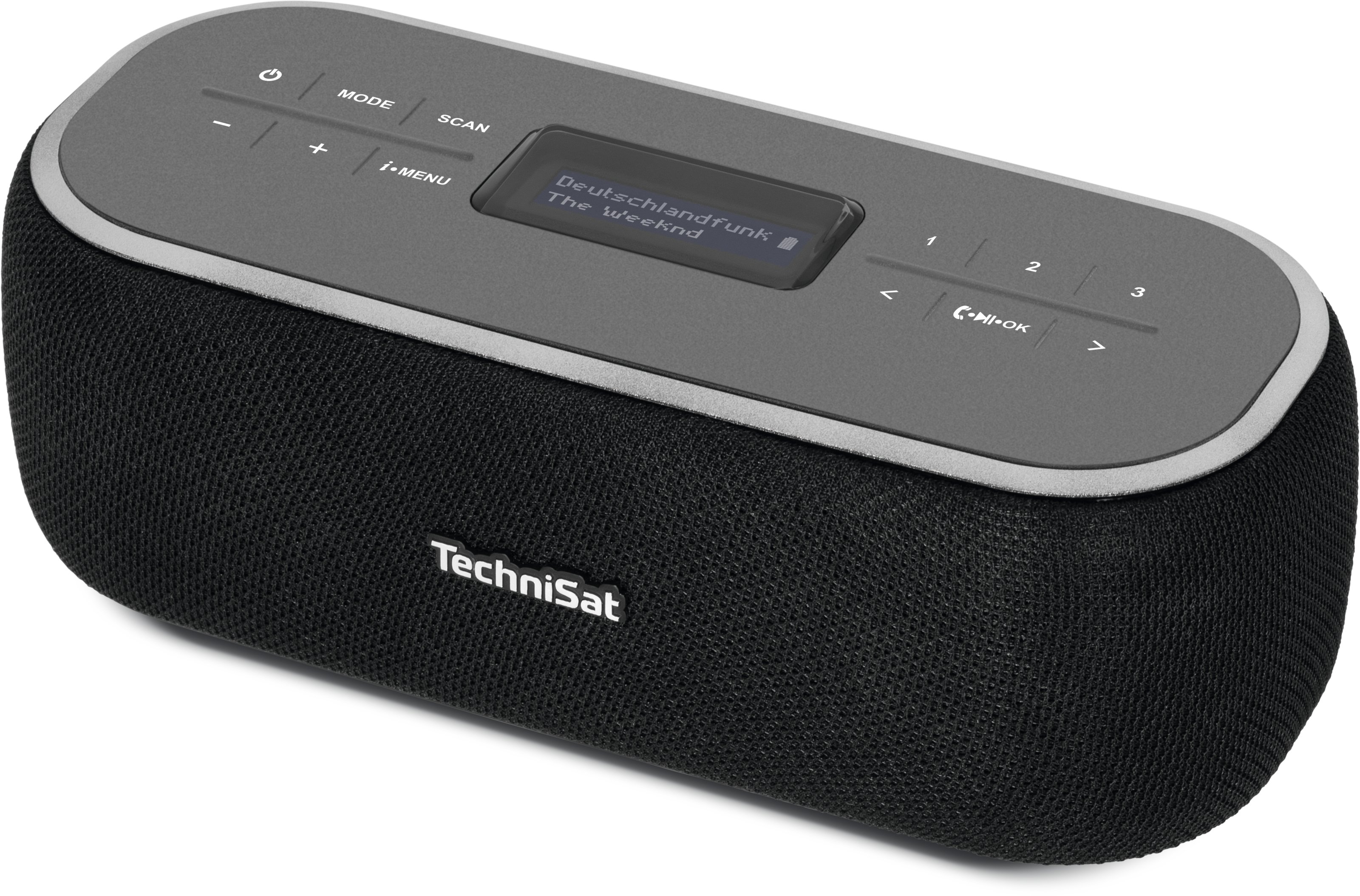 Schwarzes und graues Radio mit Knöpfen und einem Bildschirm. Markenname TechniSat auf der Vorderseite.