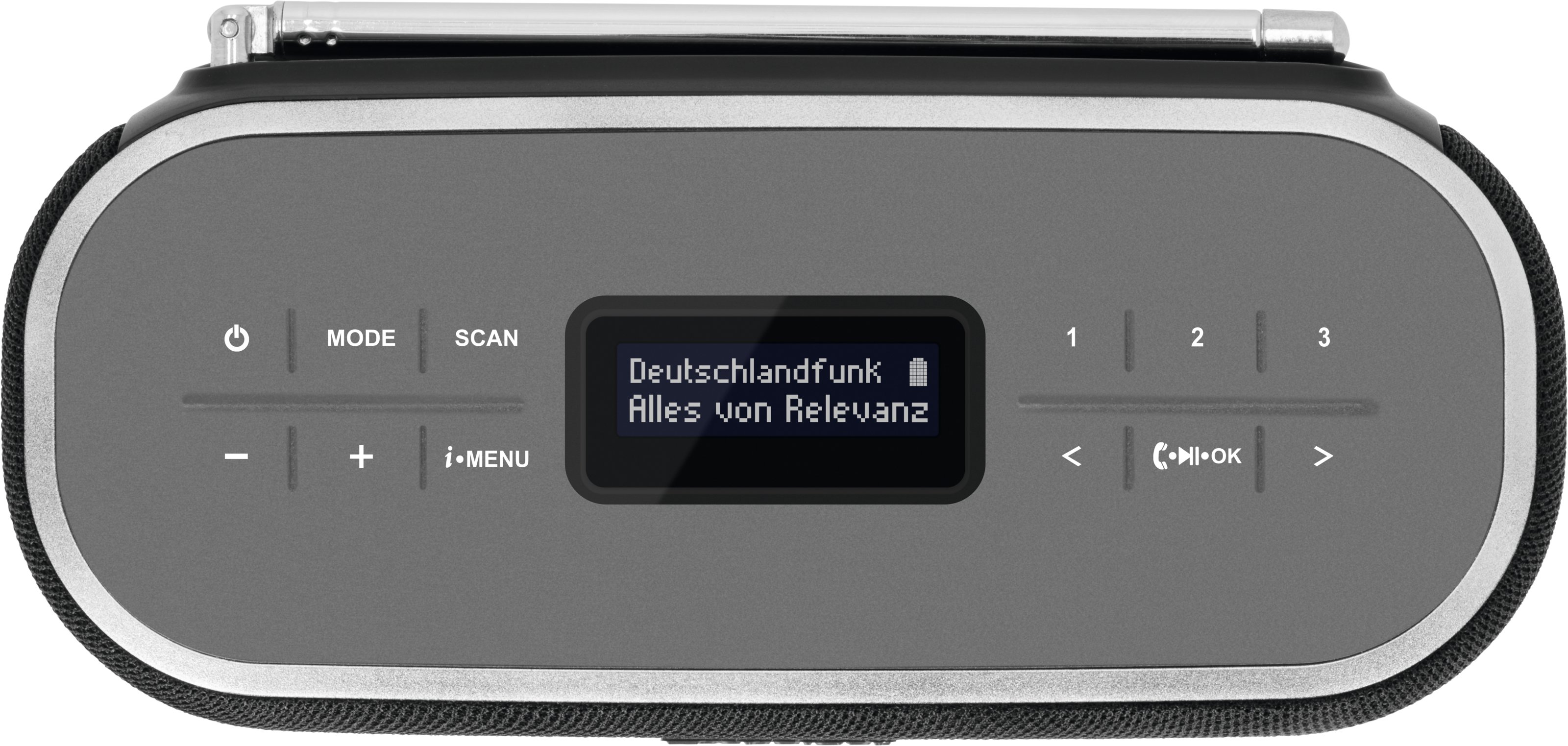 Graues und schwarzes Radio mit Knöpfen und Display. Antenne ist oben. Es ist ein TechniSat-Radio.