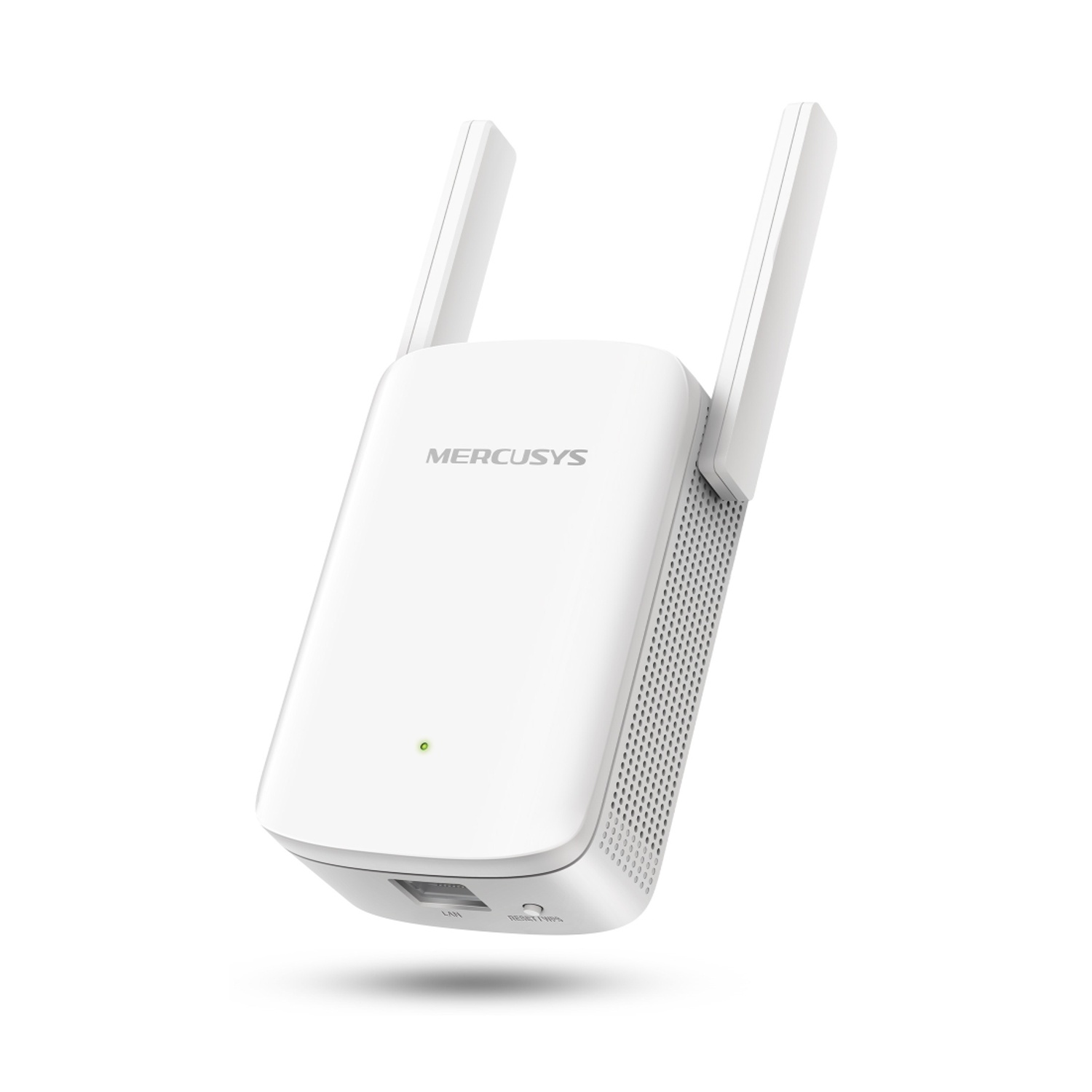 Ripetitore WiFi Mercusys bianco con due antenne. Una piccola luce verde è accesa.