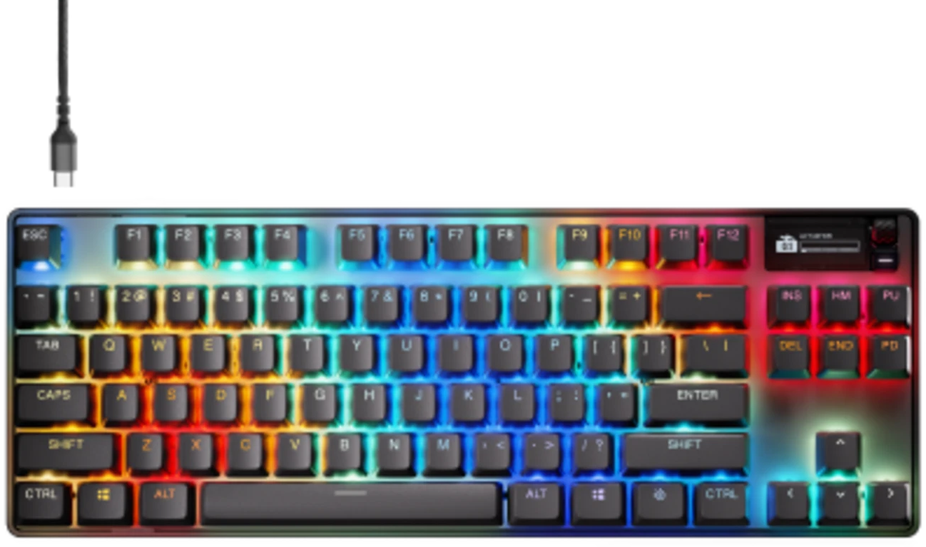 Fekete gamer billentyűzet RGB világítással és USB-C kábellel.