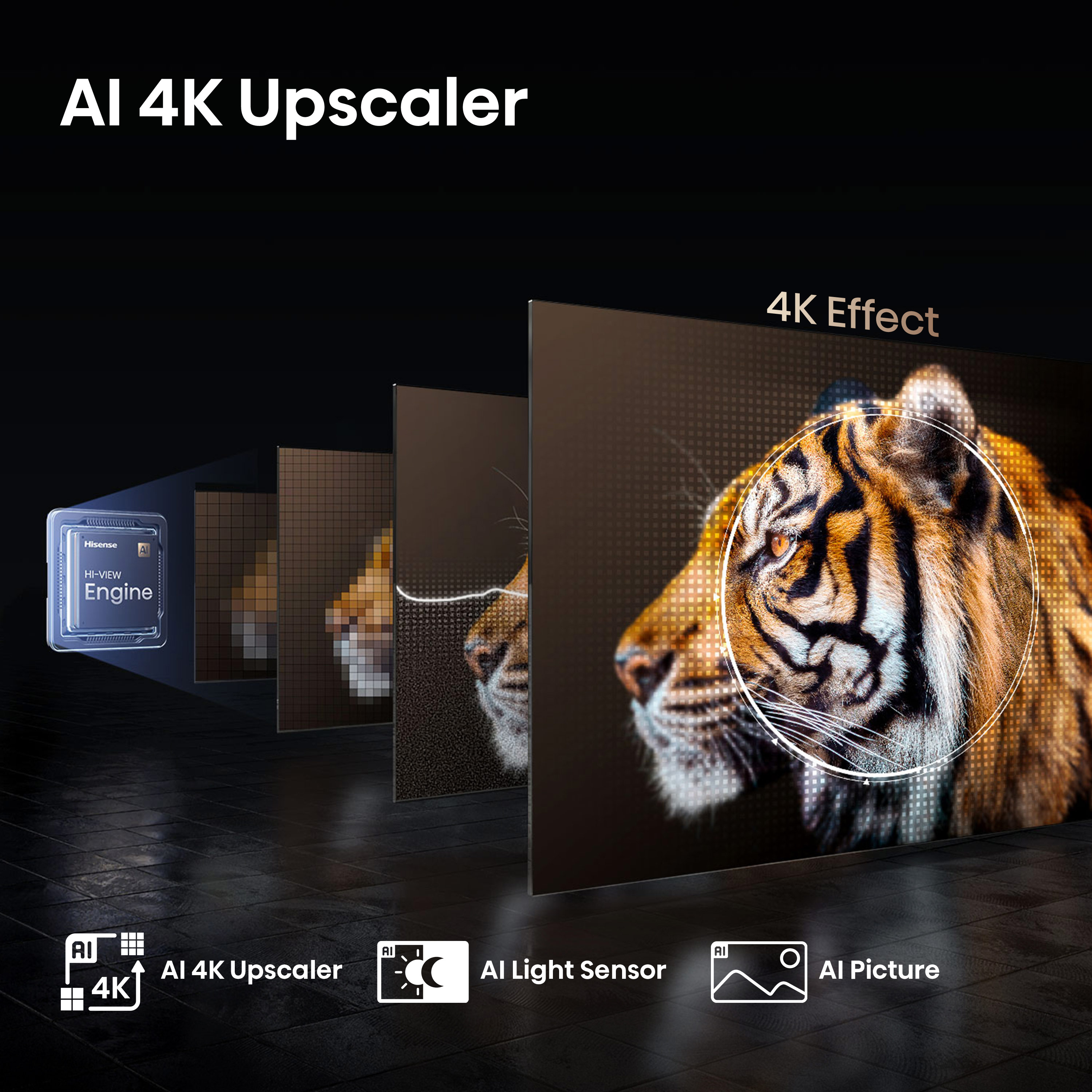 AI 4K Upscaler funkció bemutatása a TV-n, egy tigris arcát mutatva, javított képminőséggel.