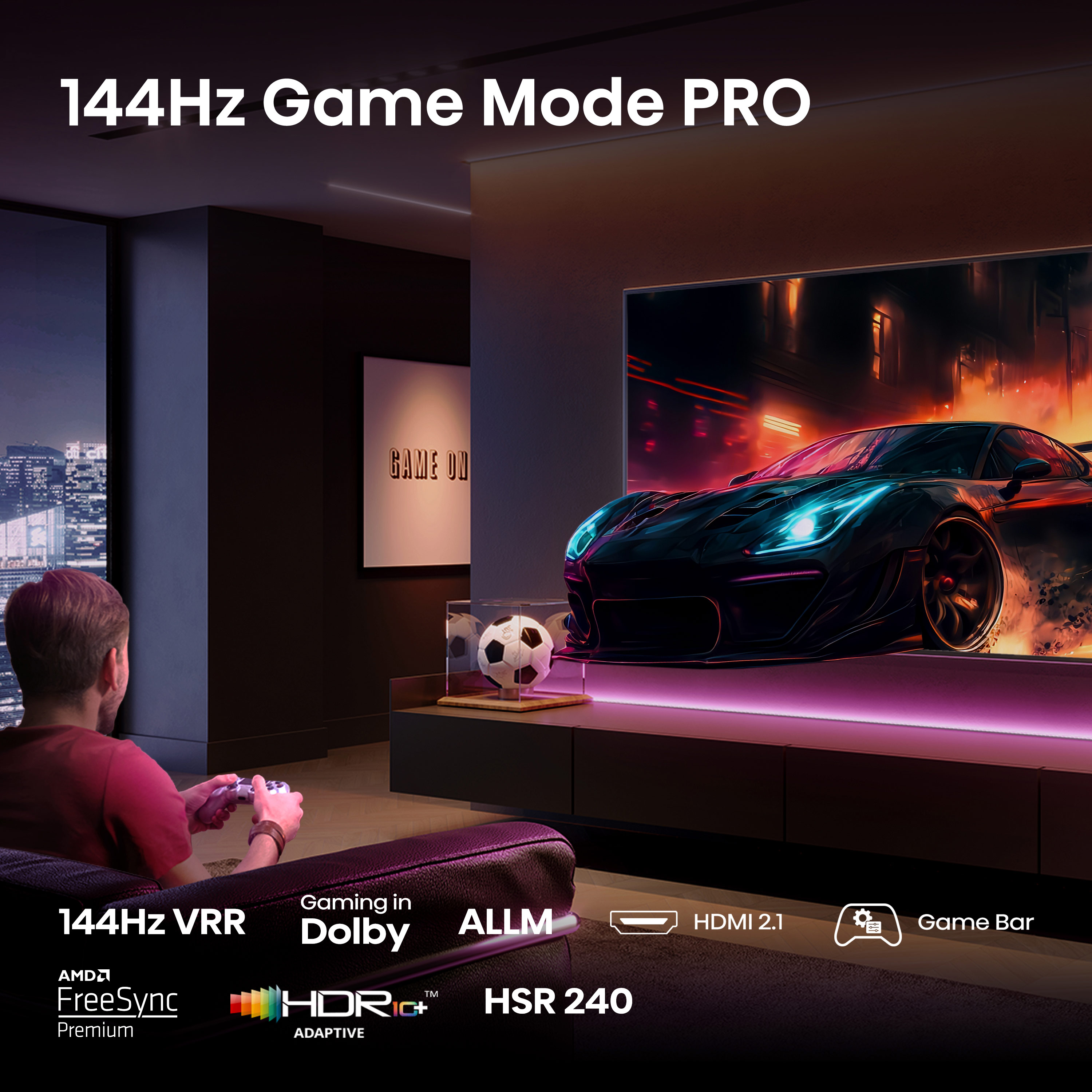 Férfi videójátékozik a TV-n, autóverseny jelenettel. Jellemzők: 144Hz, VRR, Dolby és HDMI 2.1.