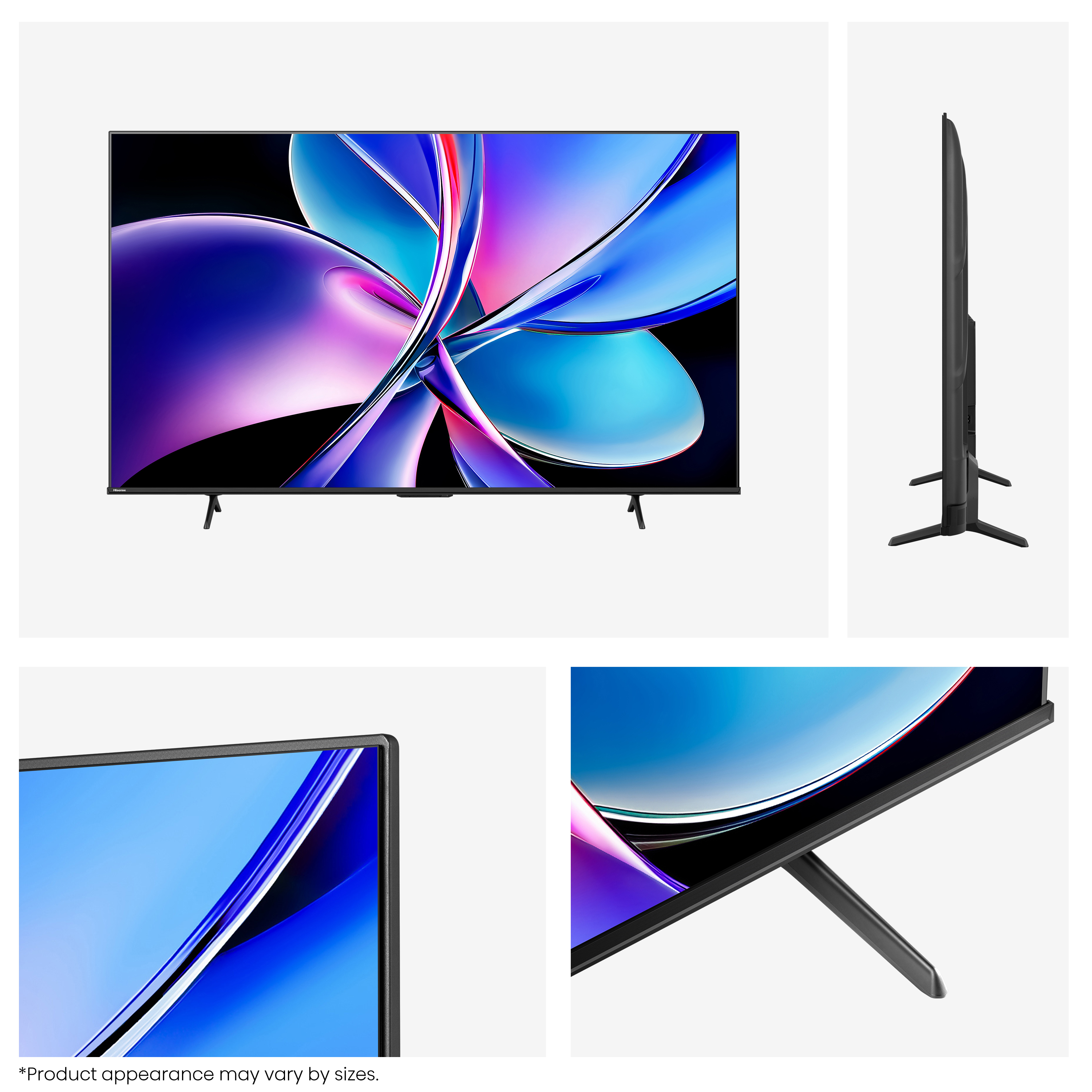Hisense TV in mehreren Ansichten: vorne, seitlich und Ecke, mit stilvollem Standfuß und Farbdisplay.