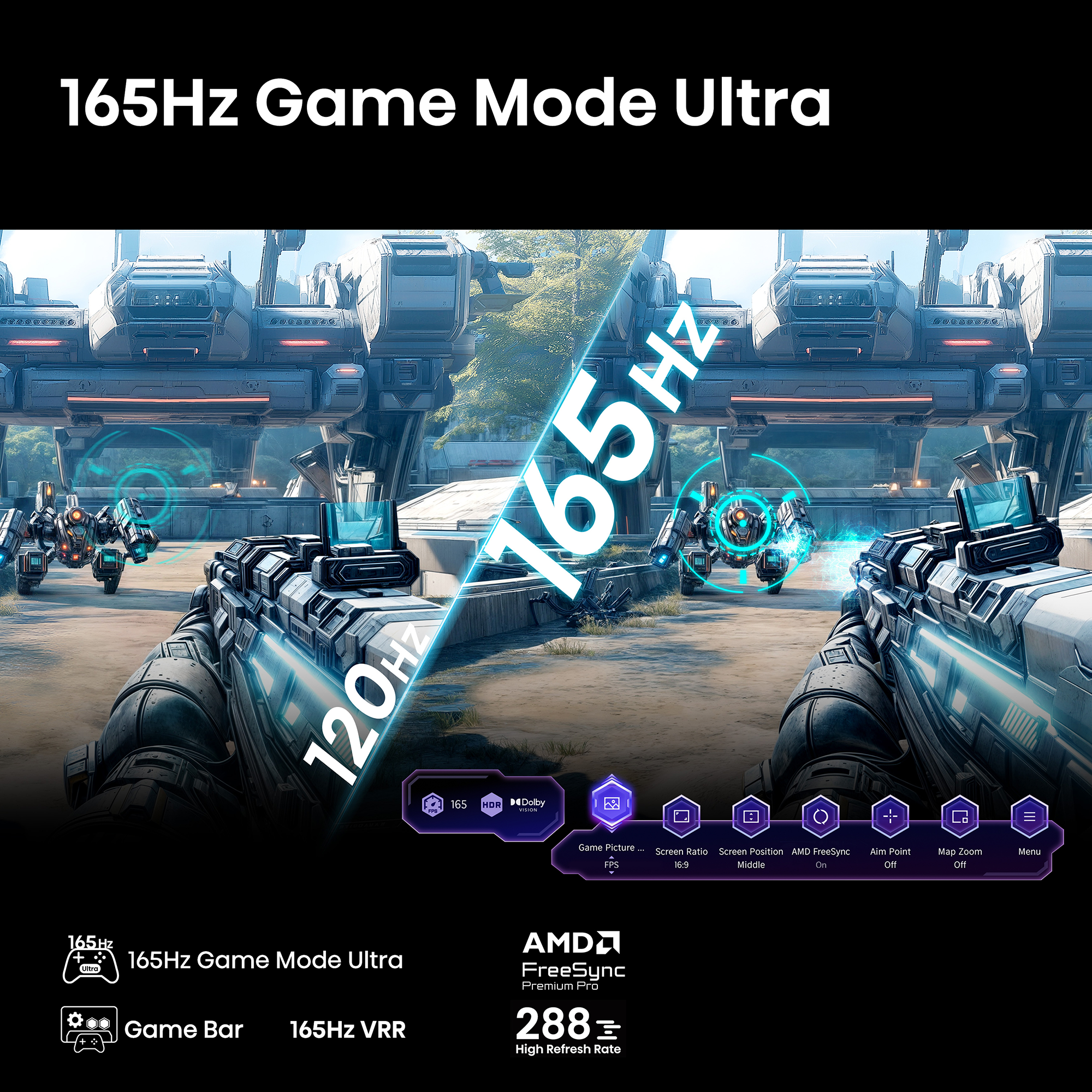 Bild zeigt geteilten Spielbildschirm, 165Hz Spielmodus. Spieloberfläche mit verschiedenen Einstellungen.