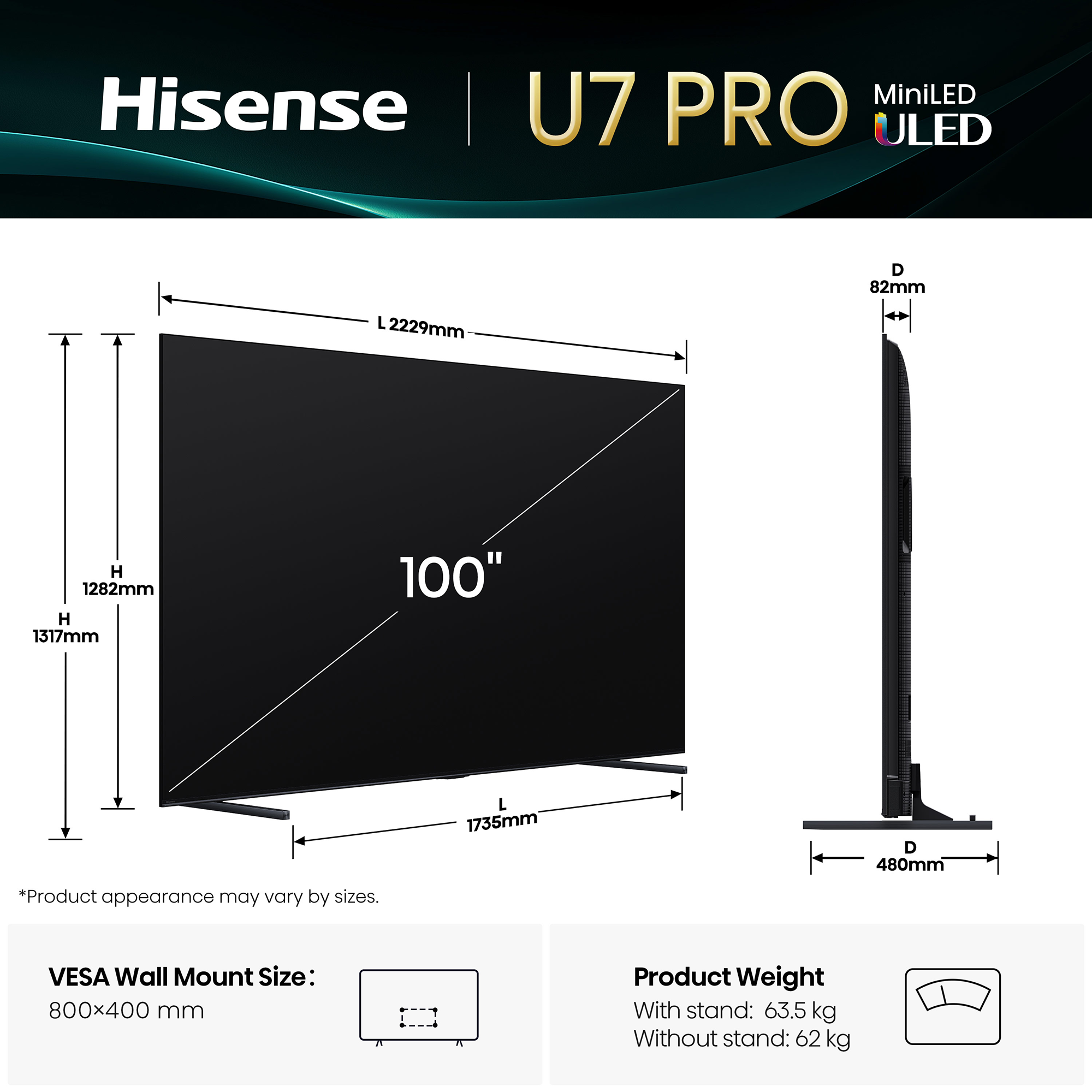 Ein großer 100" Fernseher mit Abmessungen und Funktionen, einschließlich VESA-Wandhalterungsgröße und Produktgewicht.