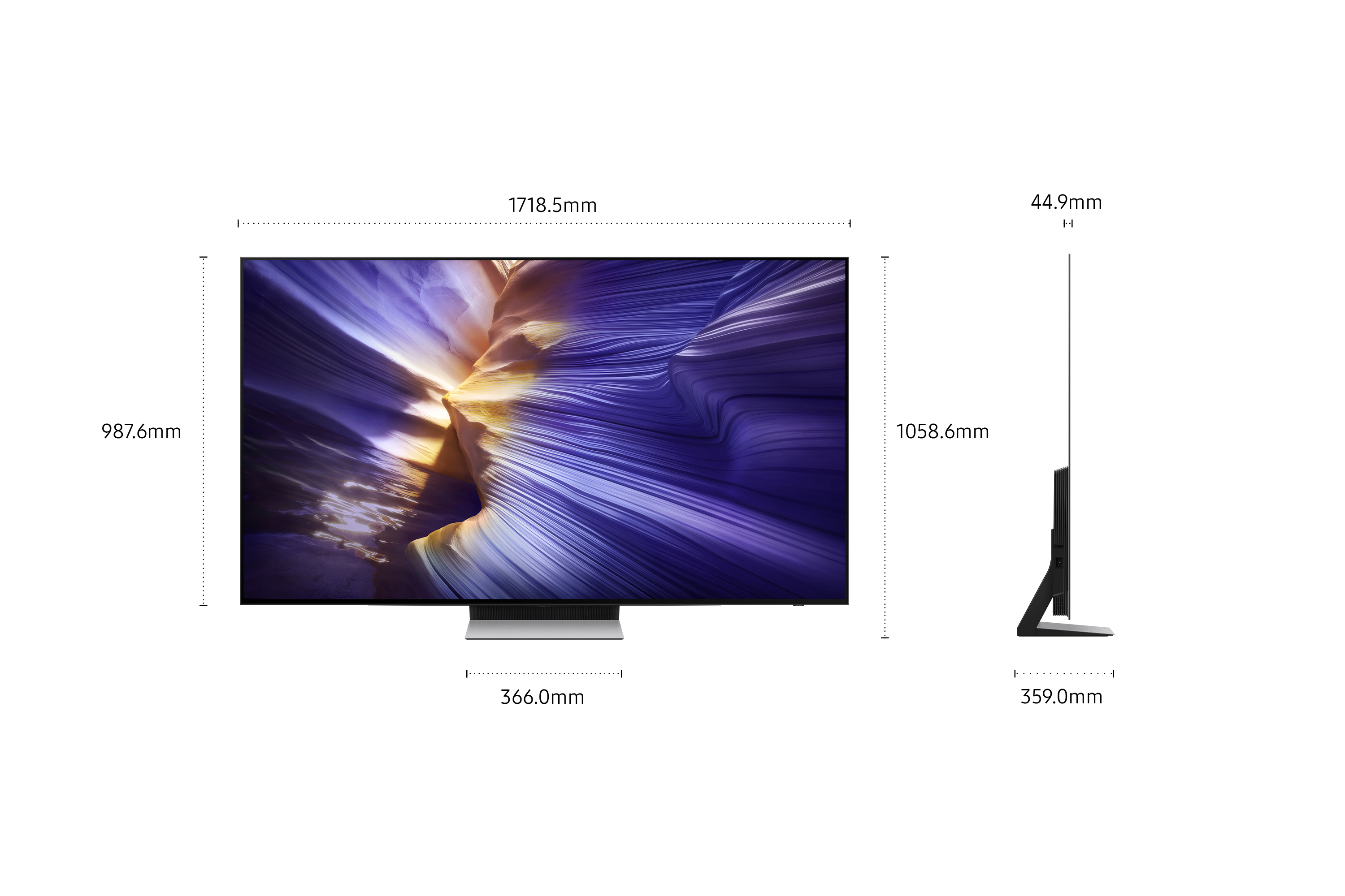 Una TV Sony elegante con un supporto minimalista, vista laterale che mostra il suo profilo sottile.