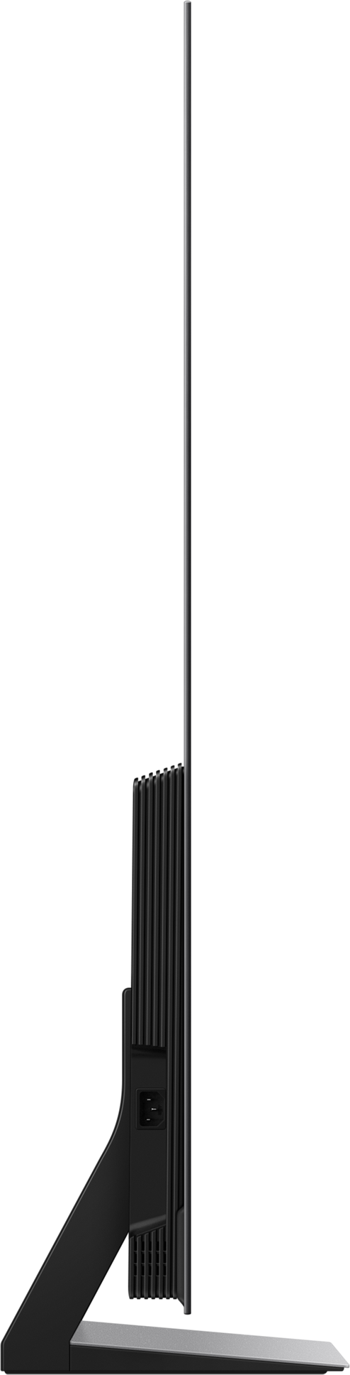 Vue latérale d'un téléviseur noir avec cadre fin, montrant ports et support sur fond noir.