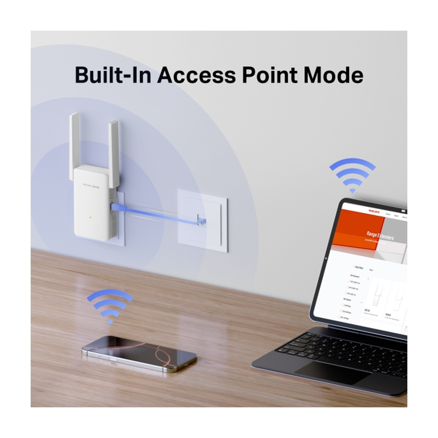 Immagine mostra un ripetitore Wi-Fi bianco su un muro con telefono e laptop. Segnali Wi-Fi visibili.