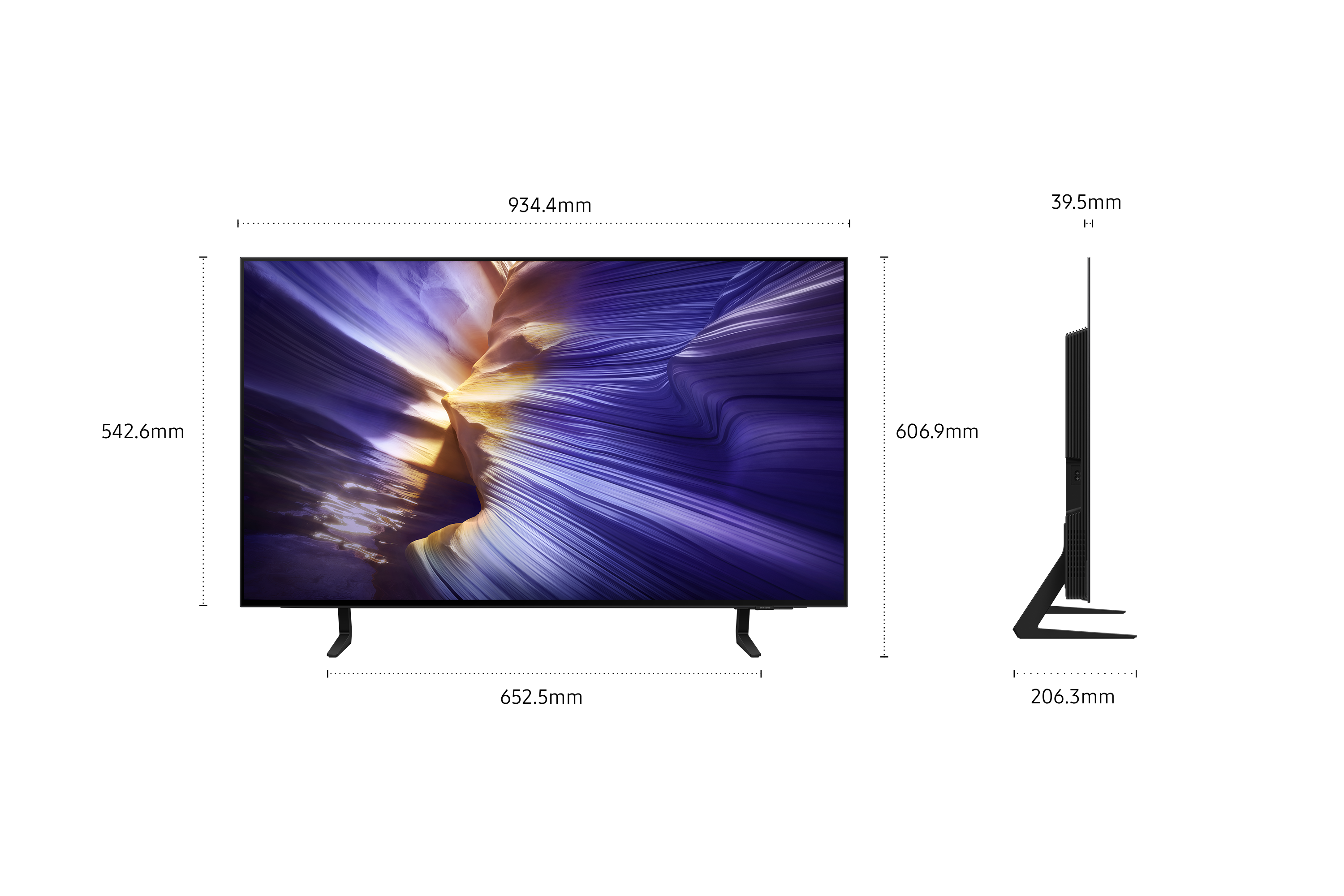 Una TV con un'immagine astratta colorata sullo schermo e una vista laterale.