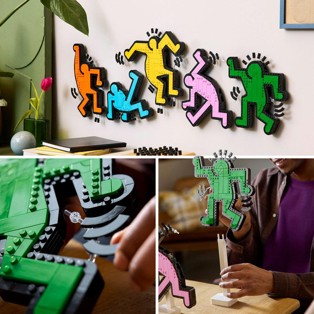 Eine Collage von LEGO-Figuren an einer Wand und im Gebrauch.
