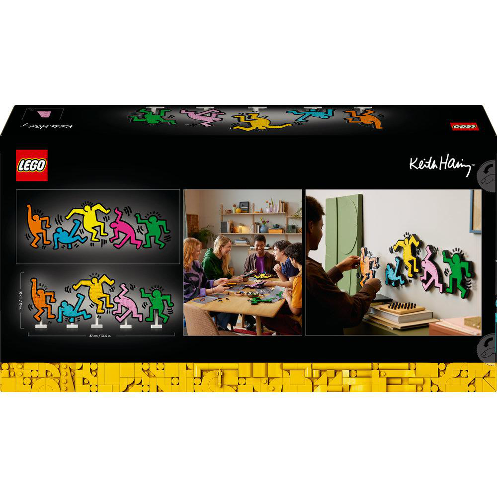Lego Keith Haring Dancing Figures Box, zeigt die Figuren und Beispiele für den Aufbau.