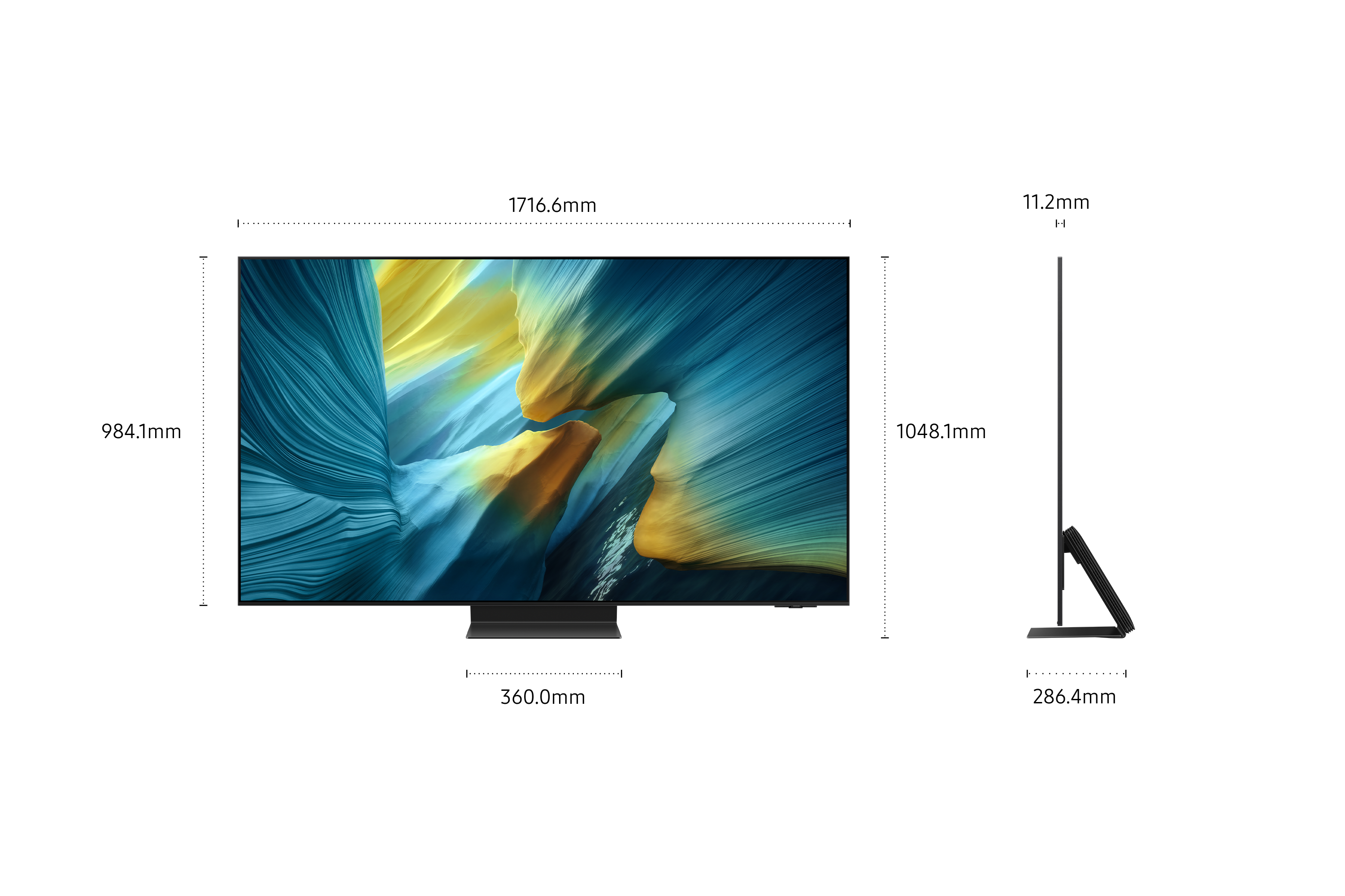 Uno schermo TV con un display d'arte astratta e colorata. Viene mostrata anche la vista laterale della TV.