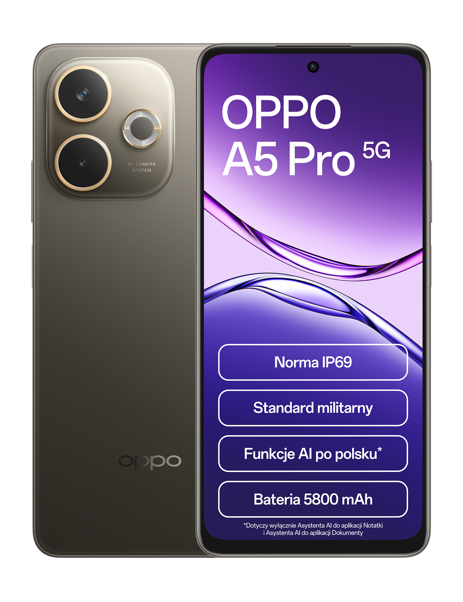 Srebrno-czarny telefon Oppo A5 Pro 5G. Posiada ekran wyświetlający informacje i funkcje.