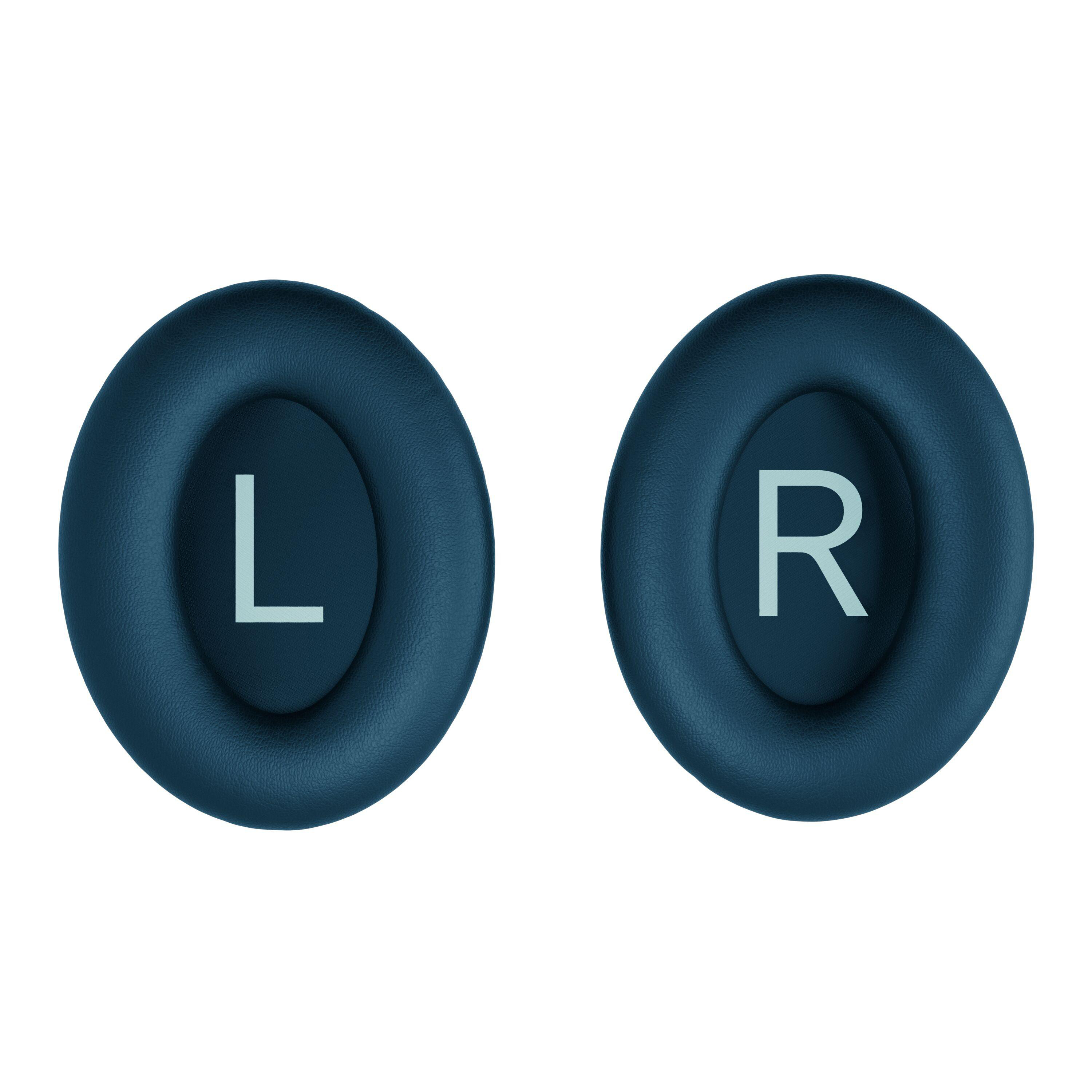 Zwei blaue Ohrmuscheln, eine mit 'L', die andere mit 'R' markiert, vor weißem Hintergrund.