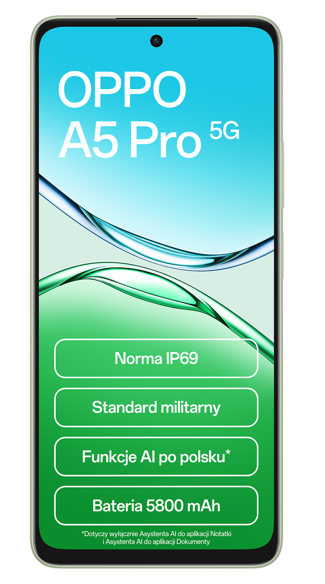 Ekran telefonu OPPO A5 Pro 5G wyświetlający funkcje na jasnozielonym tle.